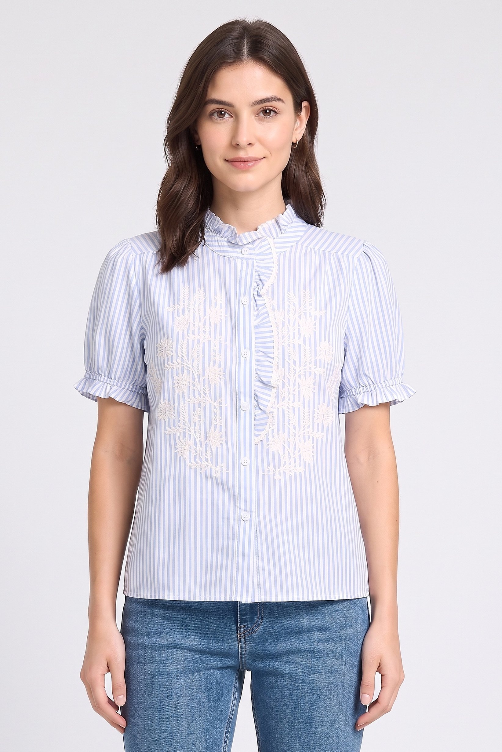 Women Band Collar Short Sleeve Embroidered Blouse,Multicolor