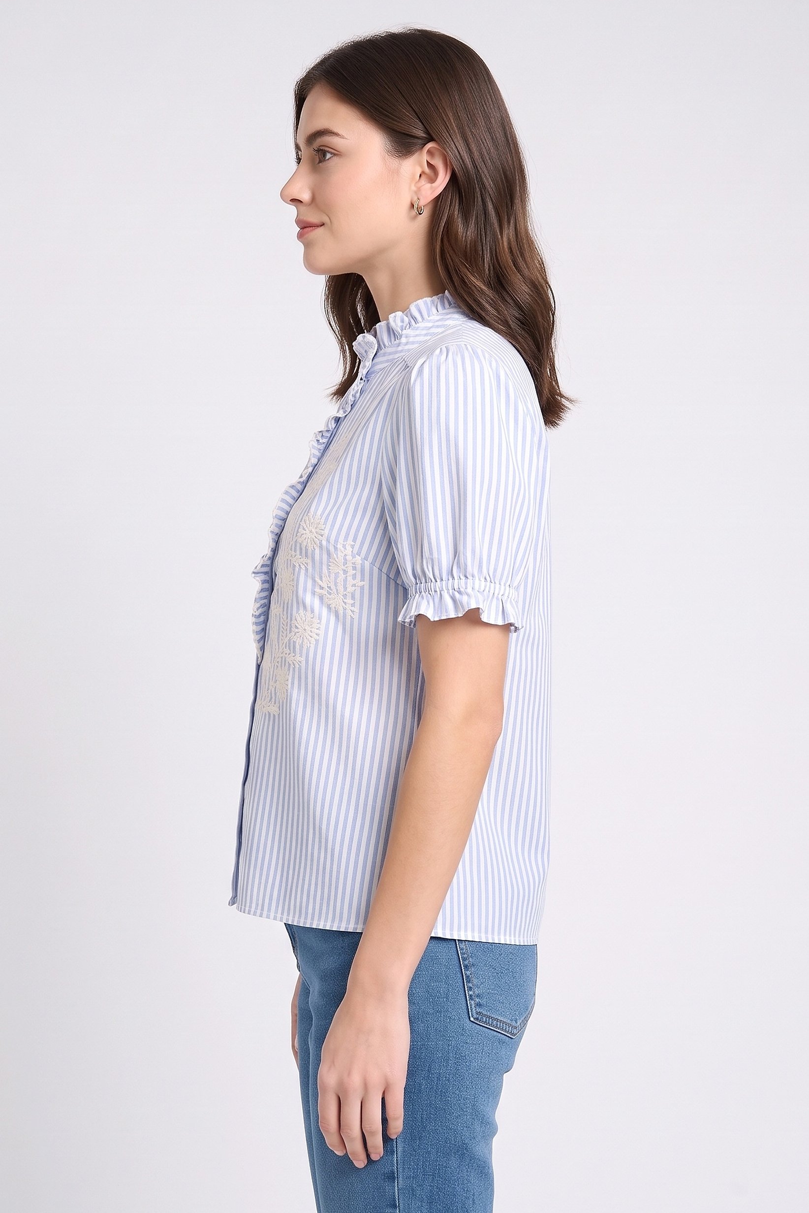Women Band Collar Short Sleeve Embroidered Blouse,Multicolor