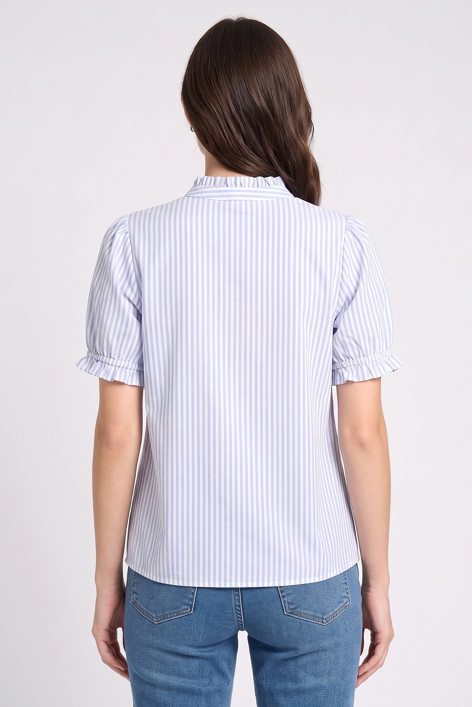 Women Band Collar Short Sleeve Embroidered Blouse,Multicolor