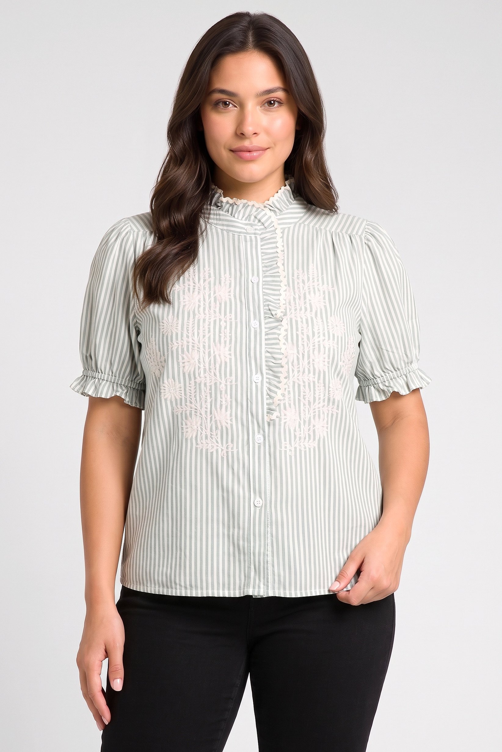 Women Ruffle Neck Balloon Sleeve Stripe Shirt, Multicolor