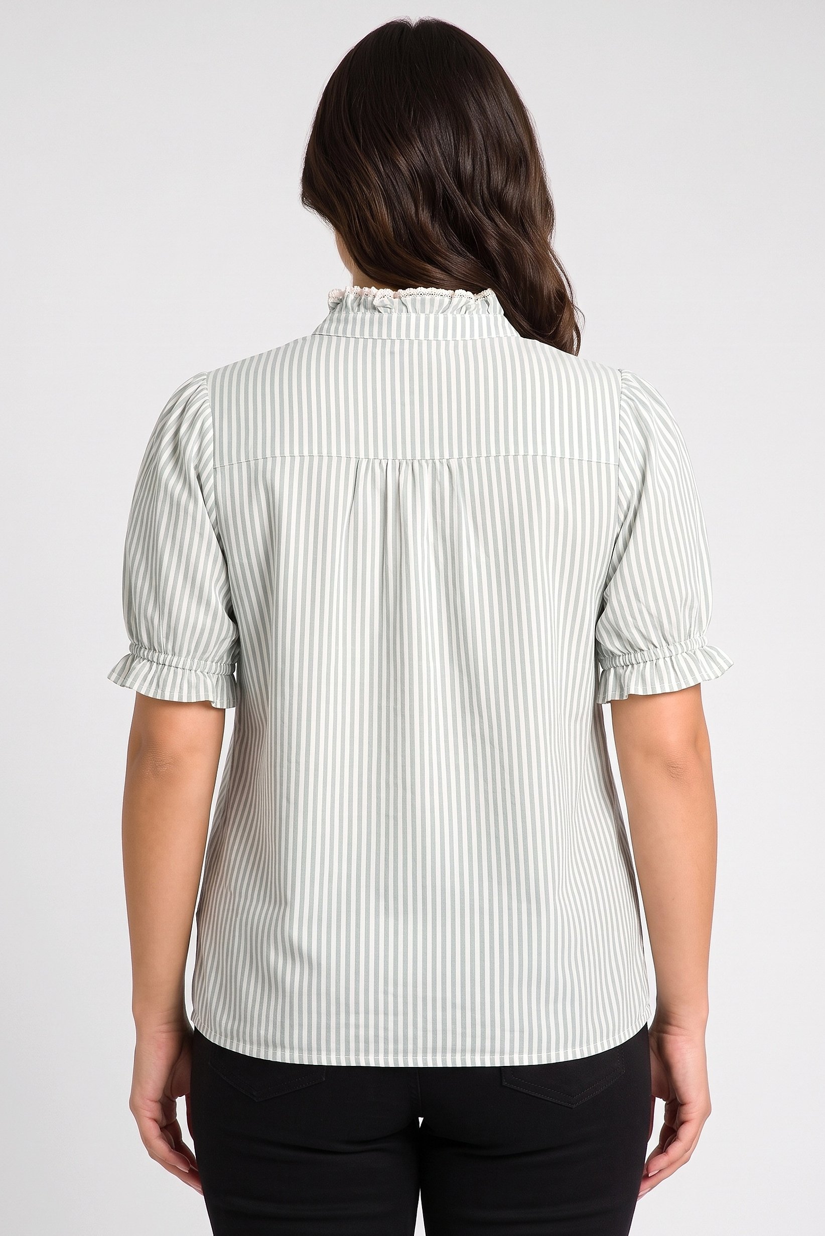 Women Ruffle Neck Balloon Sleeve Stripe Shirt, Multicolor