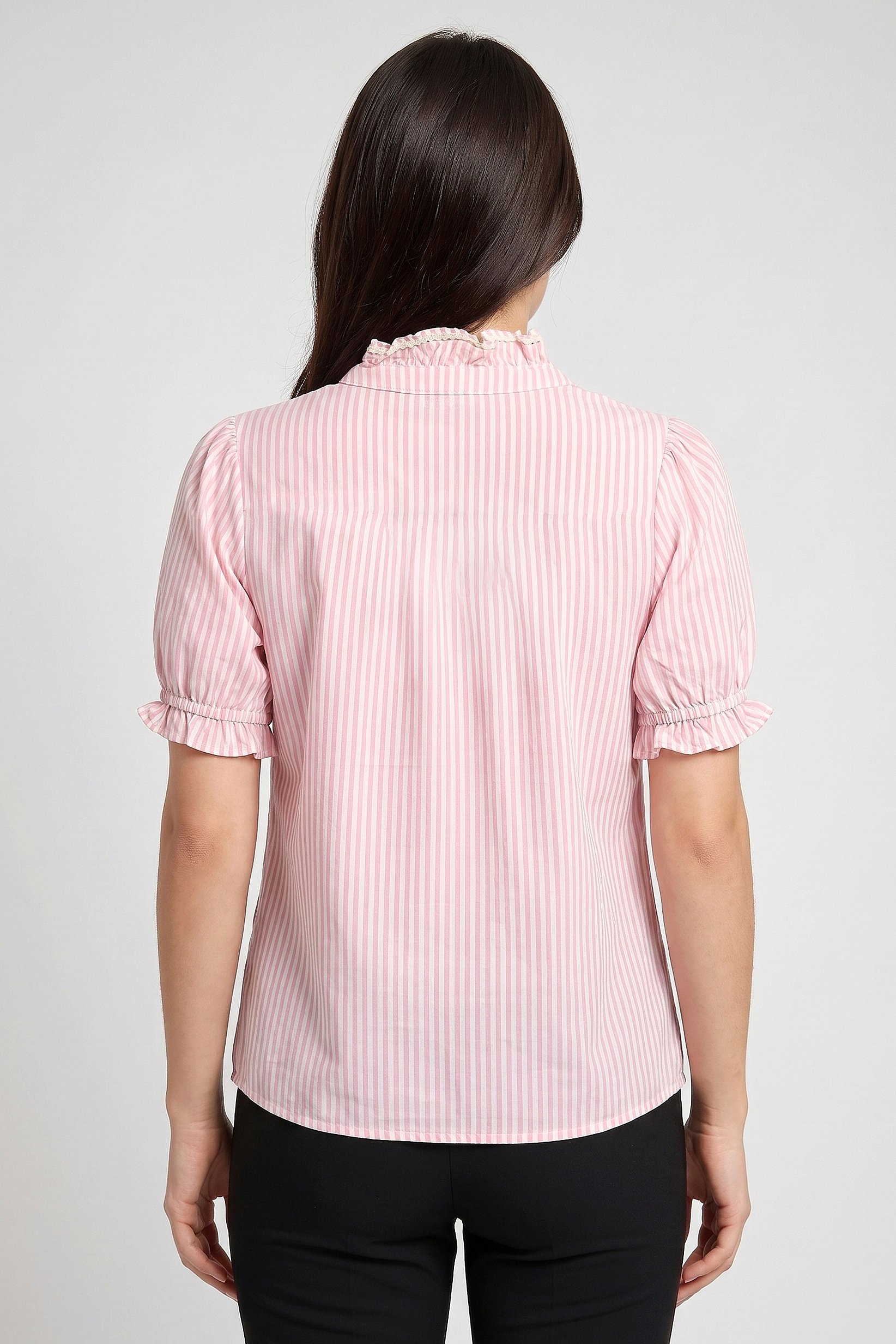 Women Ruffle Collar Short Sleeve Stripe Blouse, Multicolor