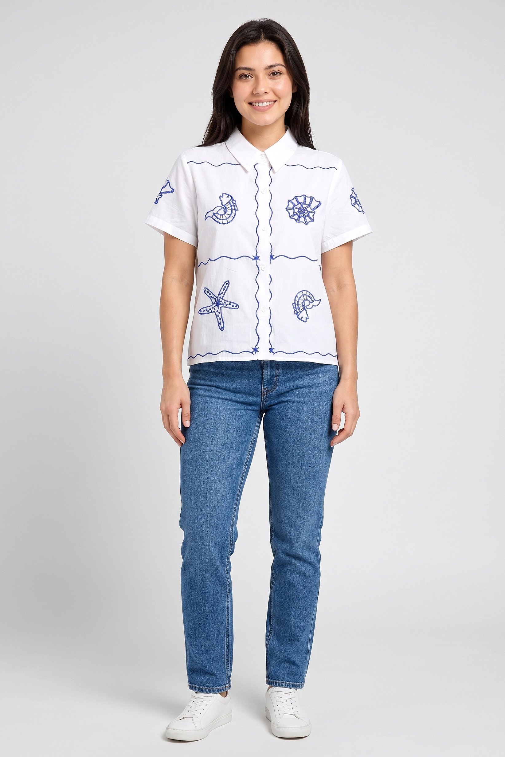 Women Spread Collar Short Sleeve Embroidered Shirt, White