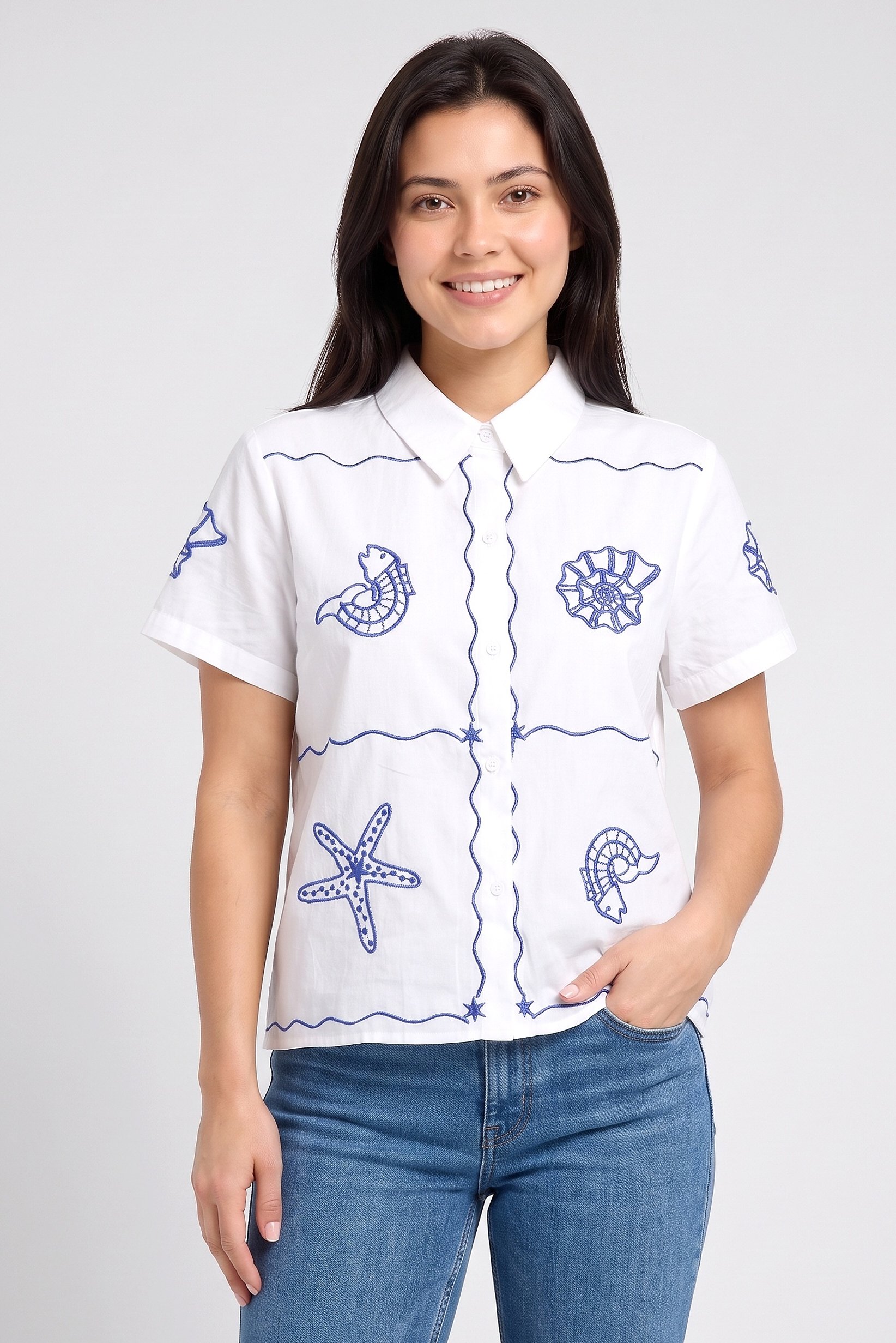 Women Spread Collar Short Sleeve Embroidered Shirt, White