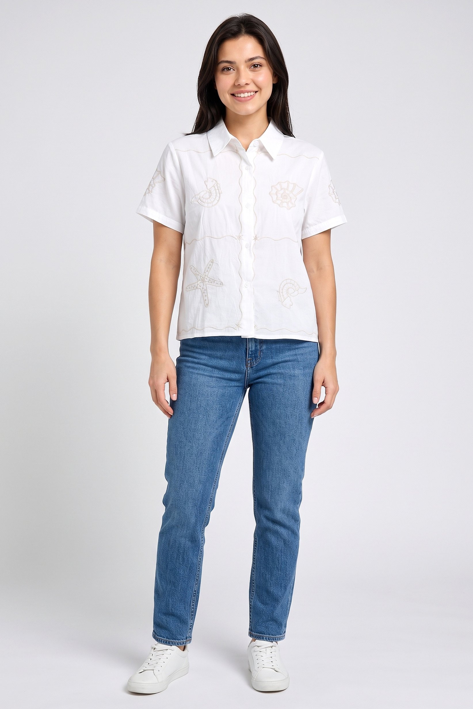 Women Spread Collar Short Sleeve Embroidered Shirt, White