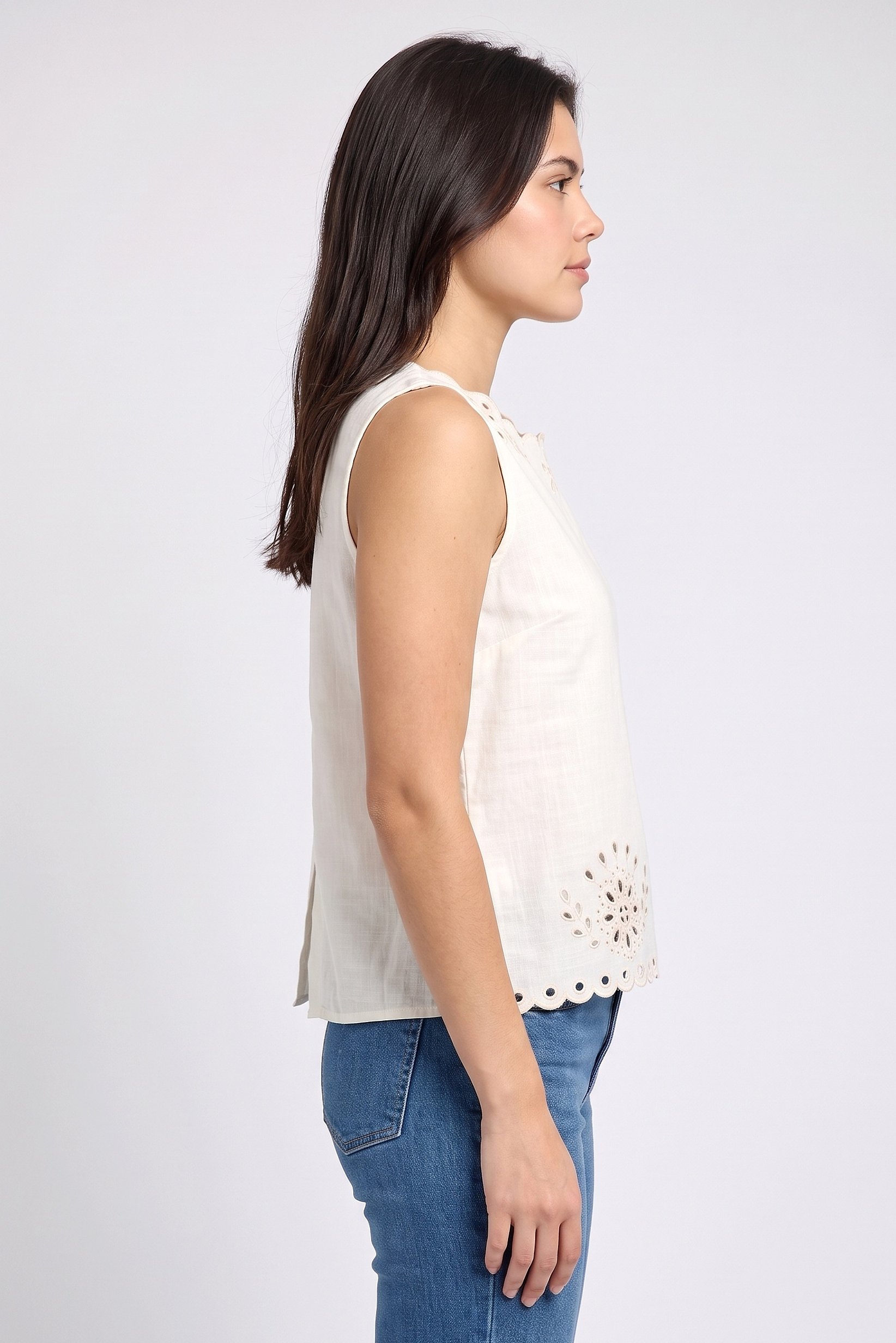 Women Round Neck Sleeveless Embroidered Tops, Cream