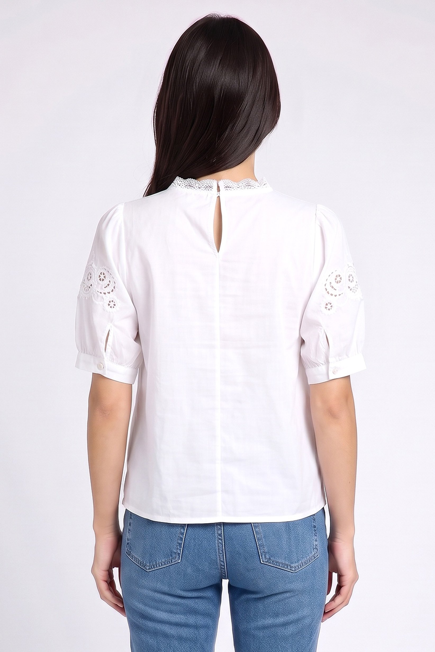 Women Round Neck Short Sleeve Embroidered Top, White