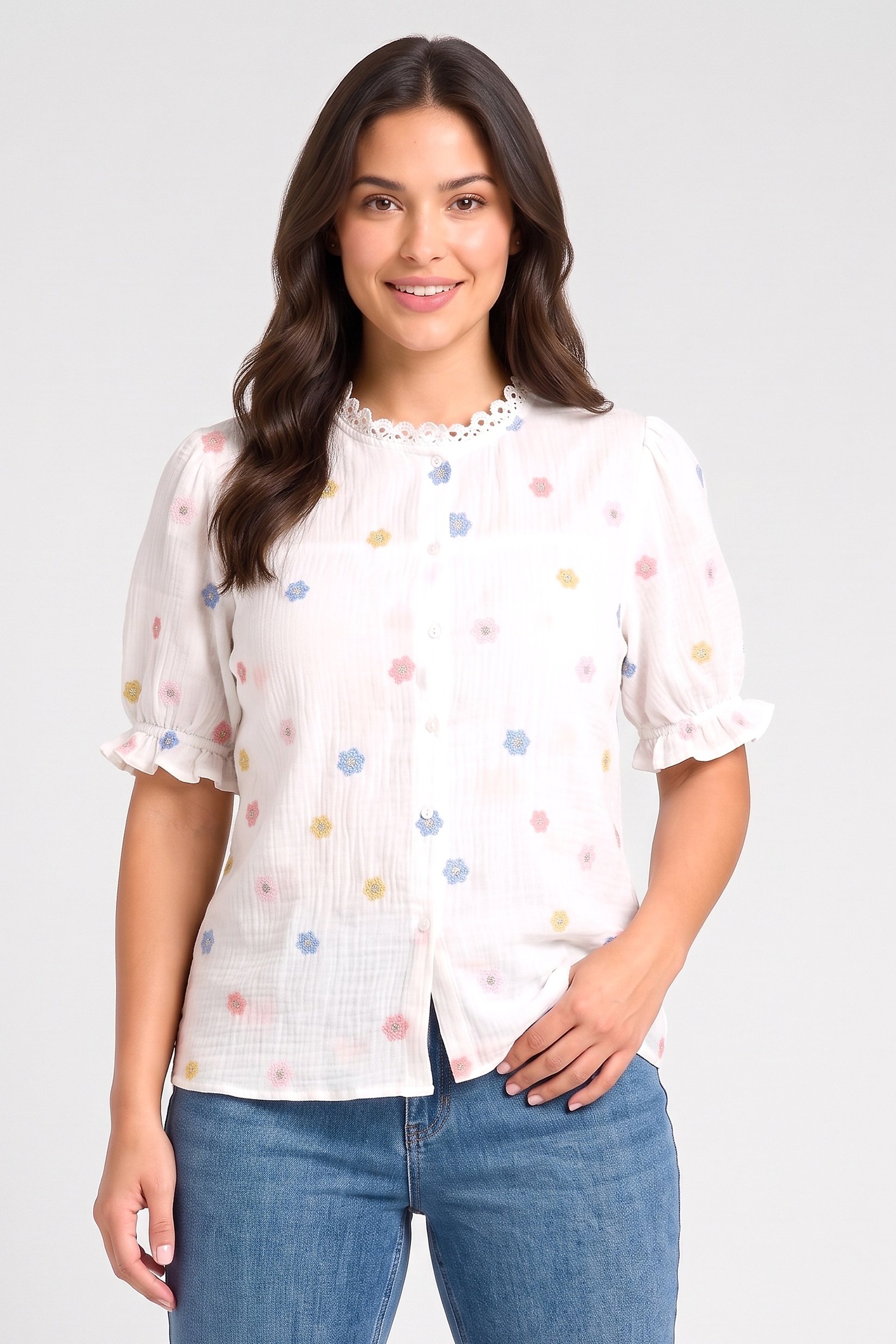 Women Crew Neck Short Sleeves Embroidered Blouse,Multicolor
