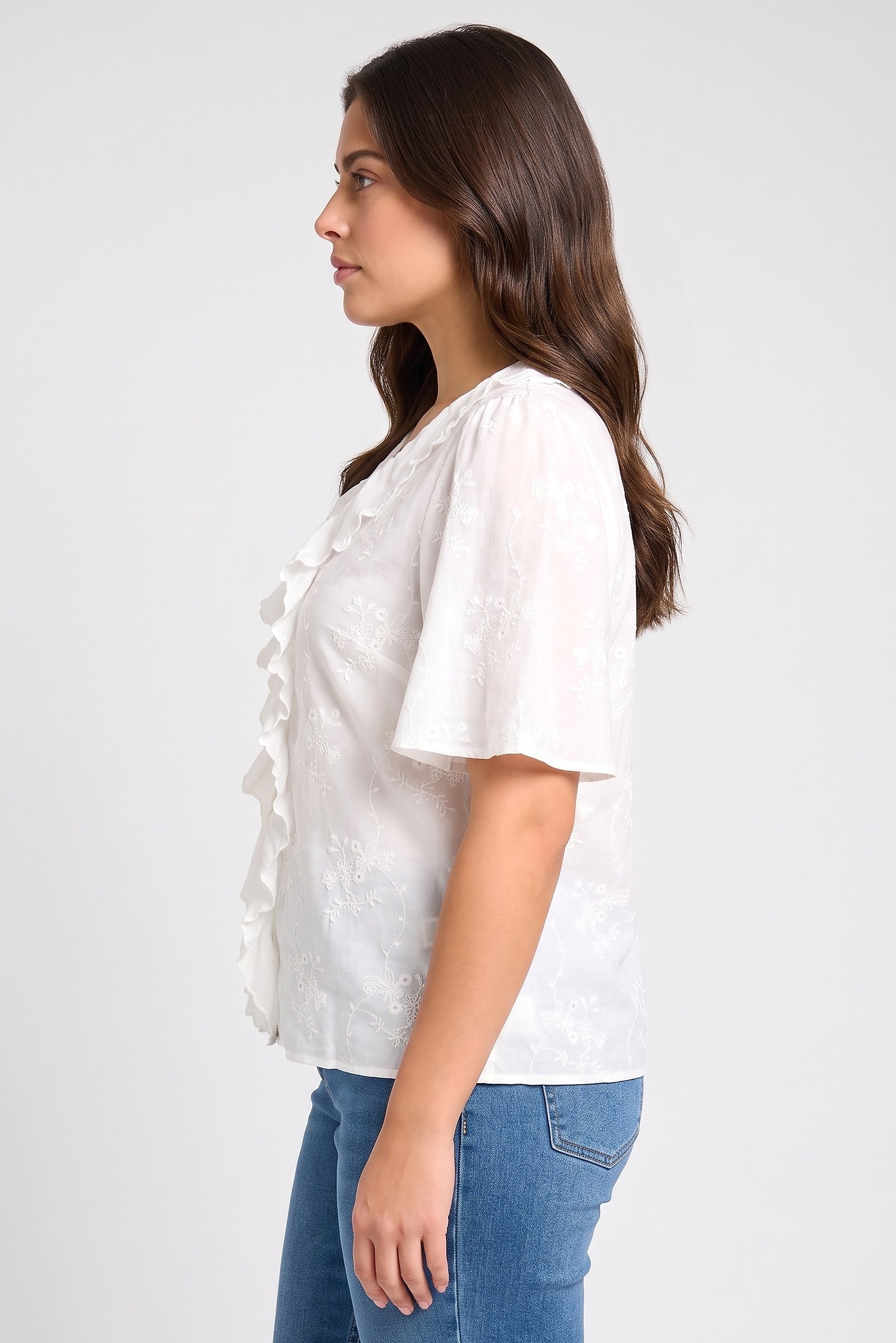 Women V-Neck Embroidered Short Sleeve Blouse, White