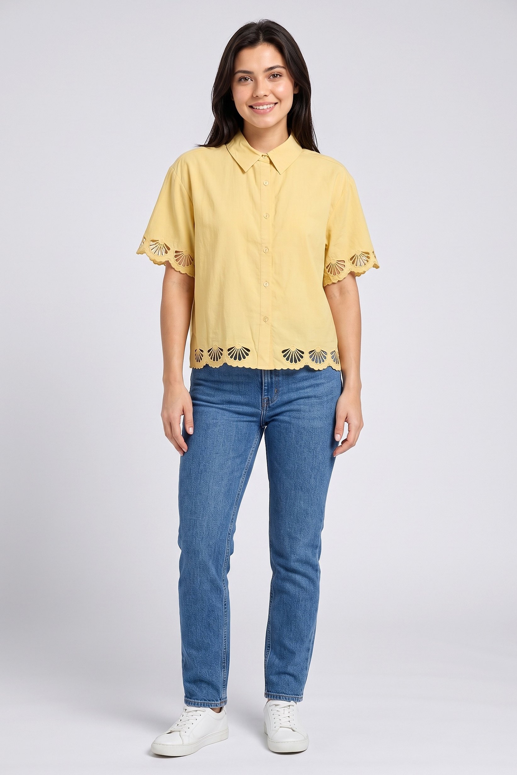 Women Spread Collar Short Sleeve Embroidered Blouse, Yellow