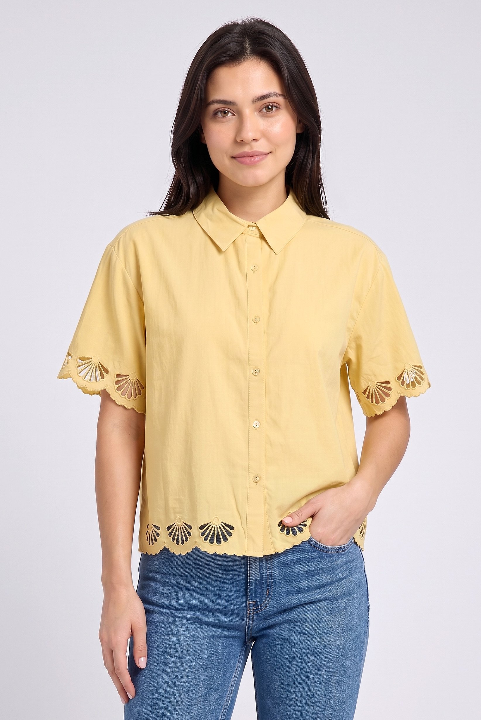 Women Spread Collar Short Sleeve Embroidered Blouse, Yellow