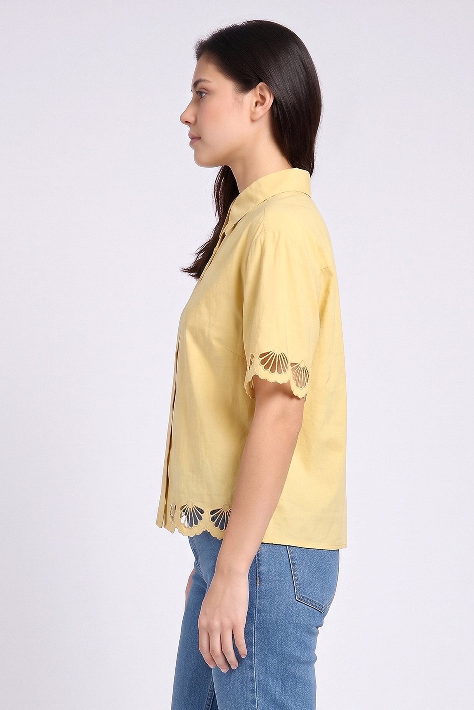 Women Spread Collar Short Sleeve Embroidered Blouse, Yellow