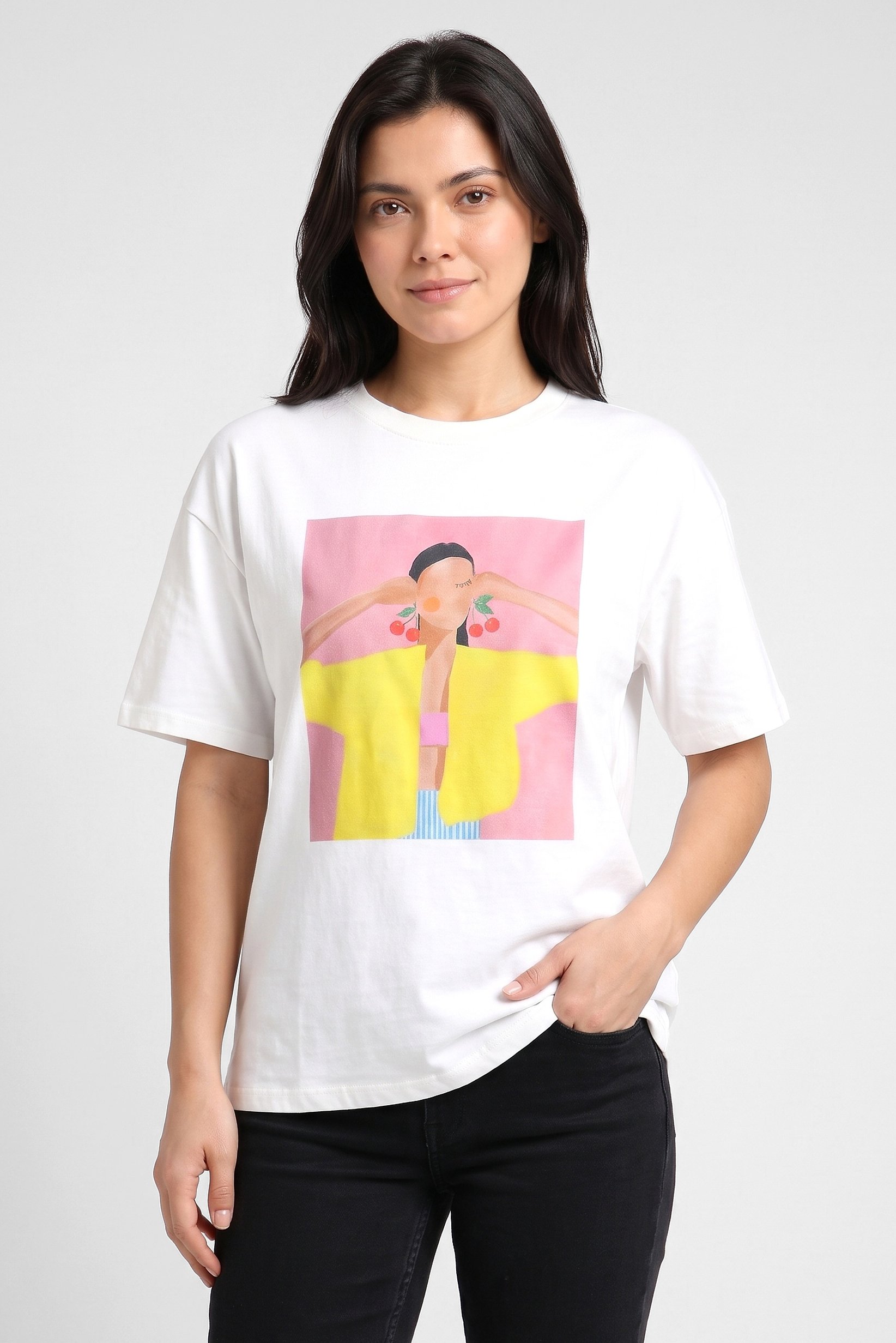 Women Crew Neck Short Sleeve Graphic Print T-Shirt, White