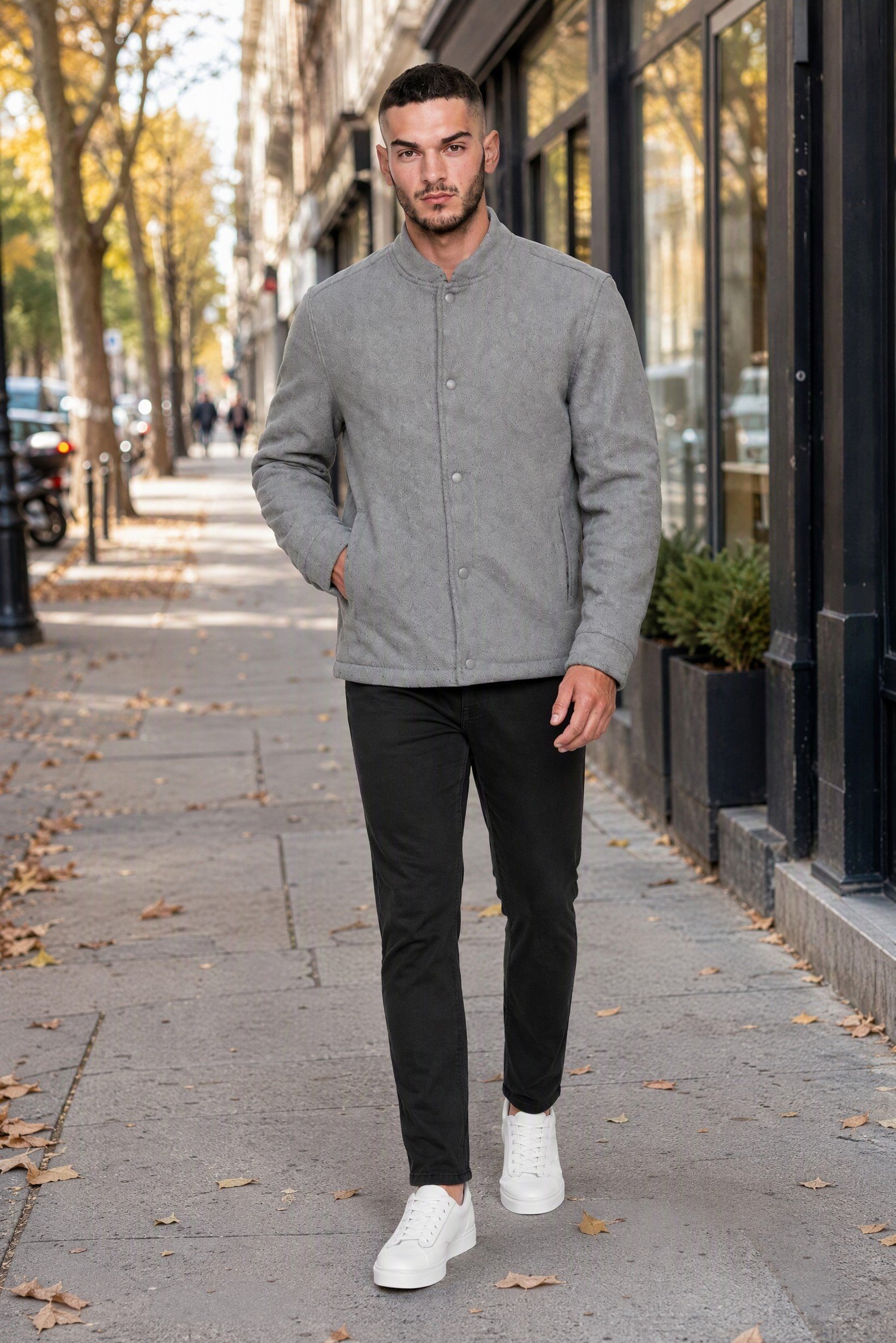 Men Plain Bomber Jacket, Grey