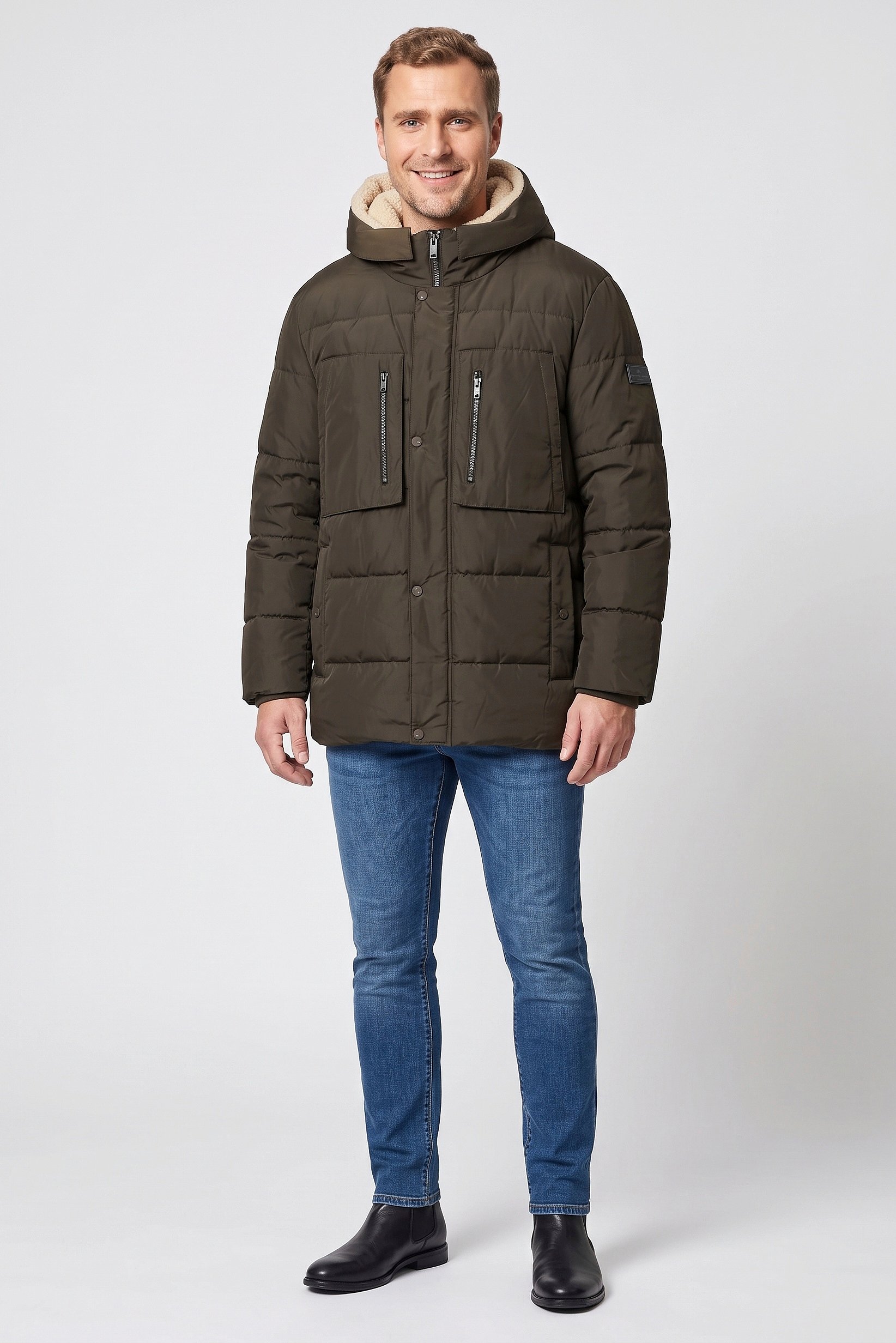 Men Quilted Puffer Jacket, Deep Olive