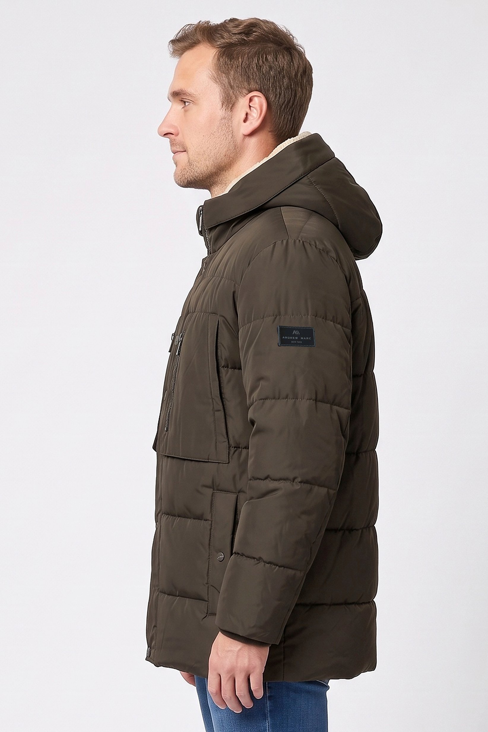 Men Quilted Puffer Jacket, Deep Olive