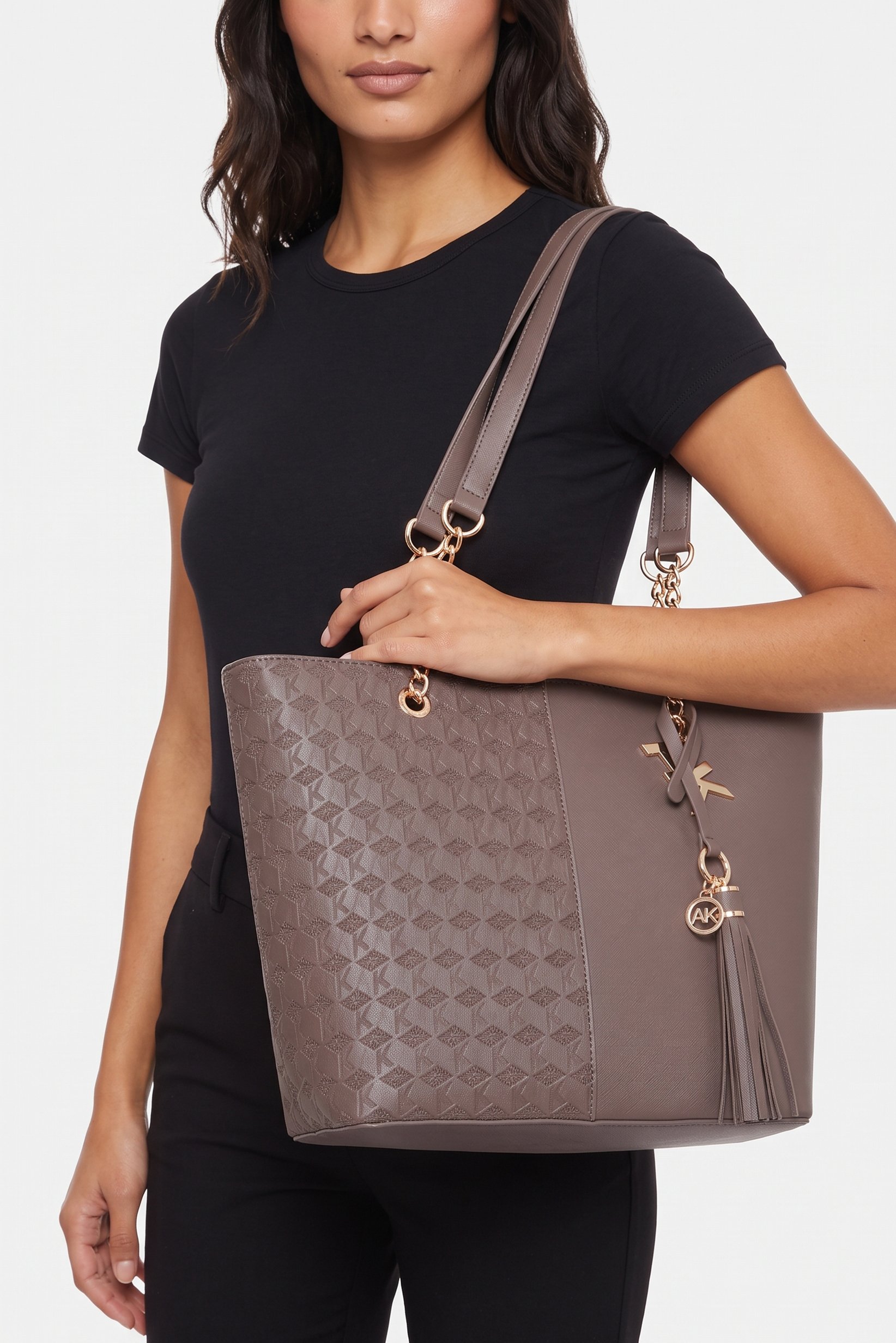 Women Textured Tote Bag, Dark Brown