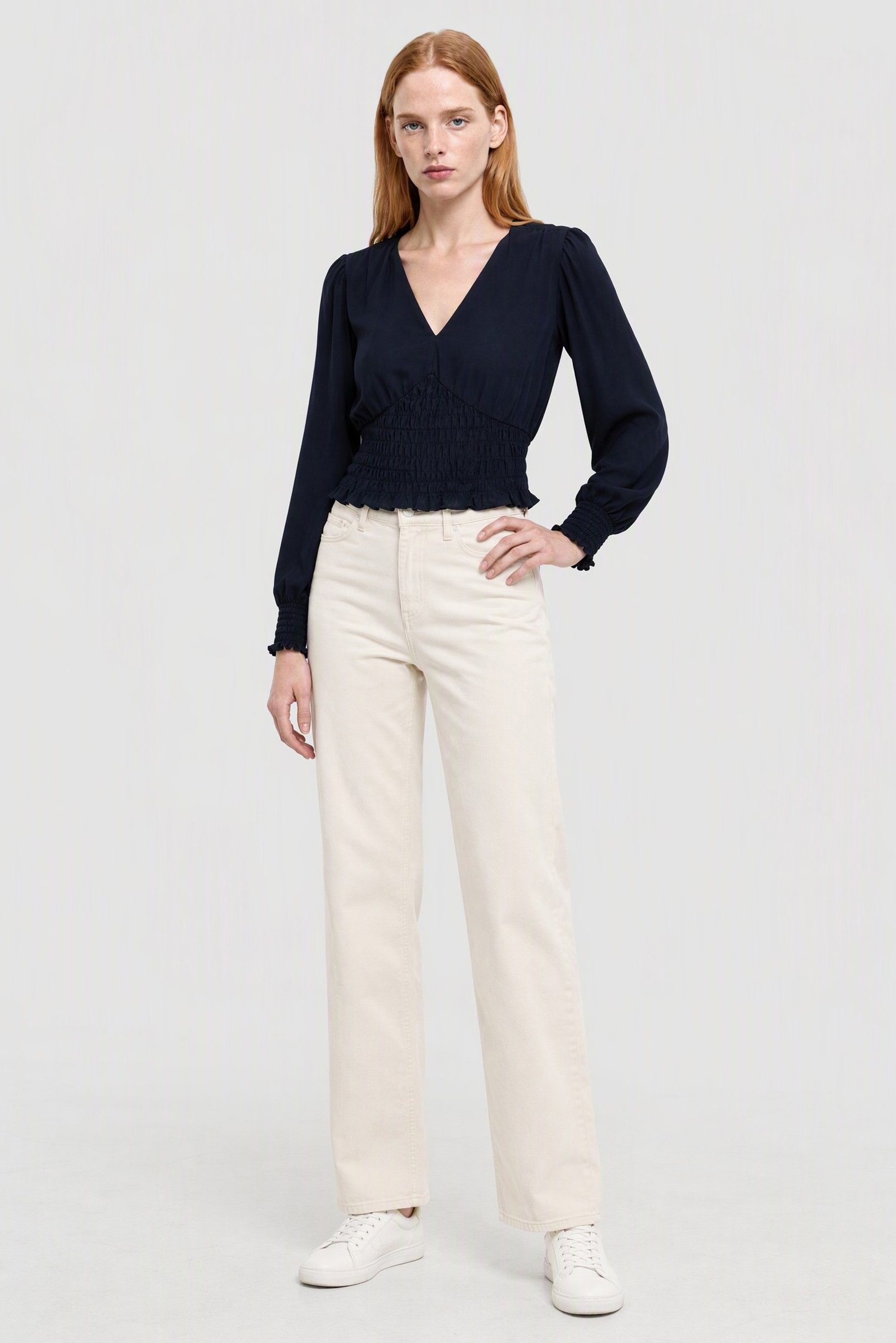 Women V-Neck Long Sleeve Textured Top, Navy