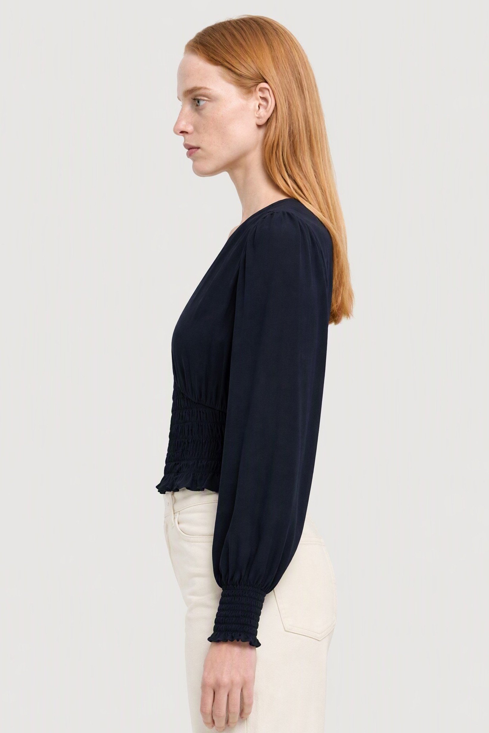 Women V-Neck Long Sleeve Textured Top, Navy