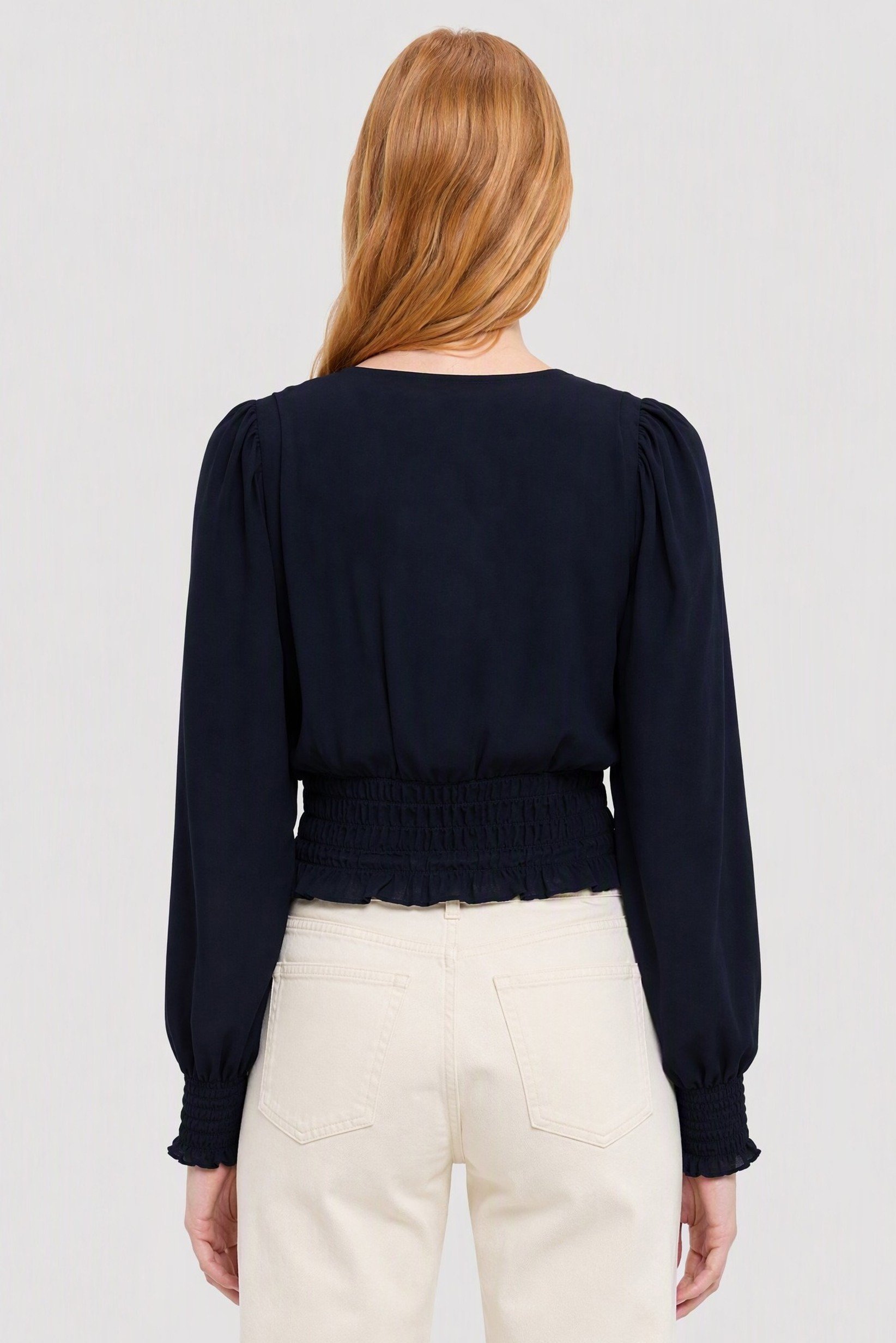 Women V-Neck Long Sleeve Textured Top, Navy