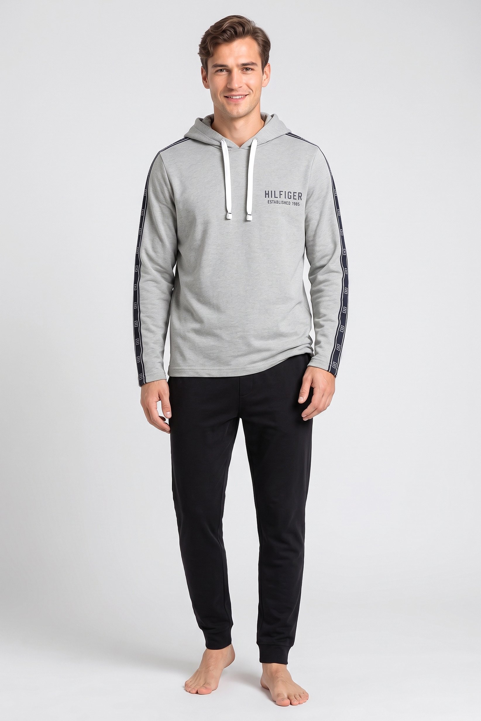 Men Brand Logo Long Sleeve Hooded Sleepwear, Grey
