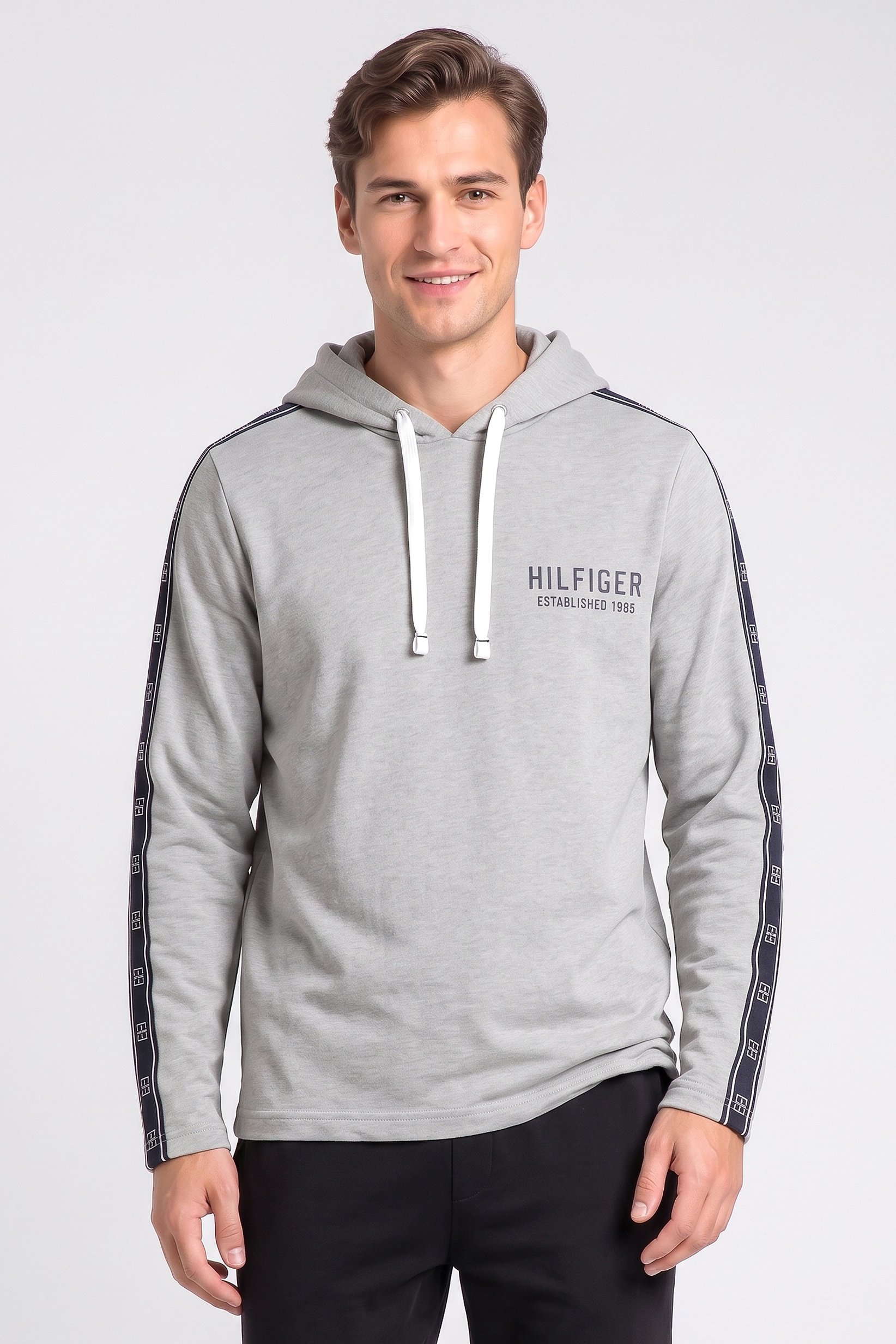 Men Brand Logo Long Sleeve Hooded Sleepwear, Grey