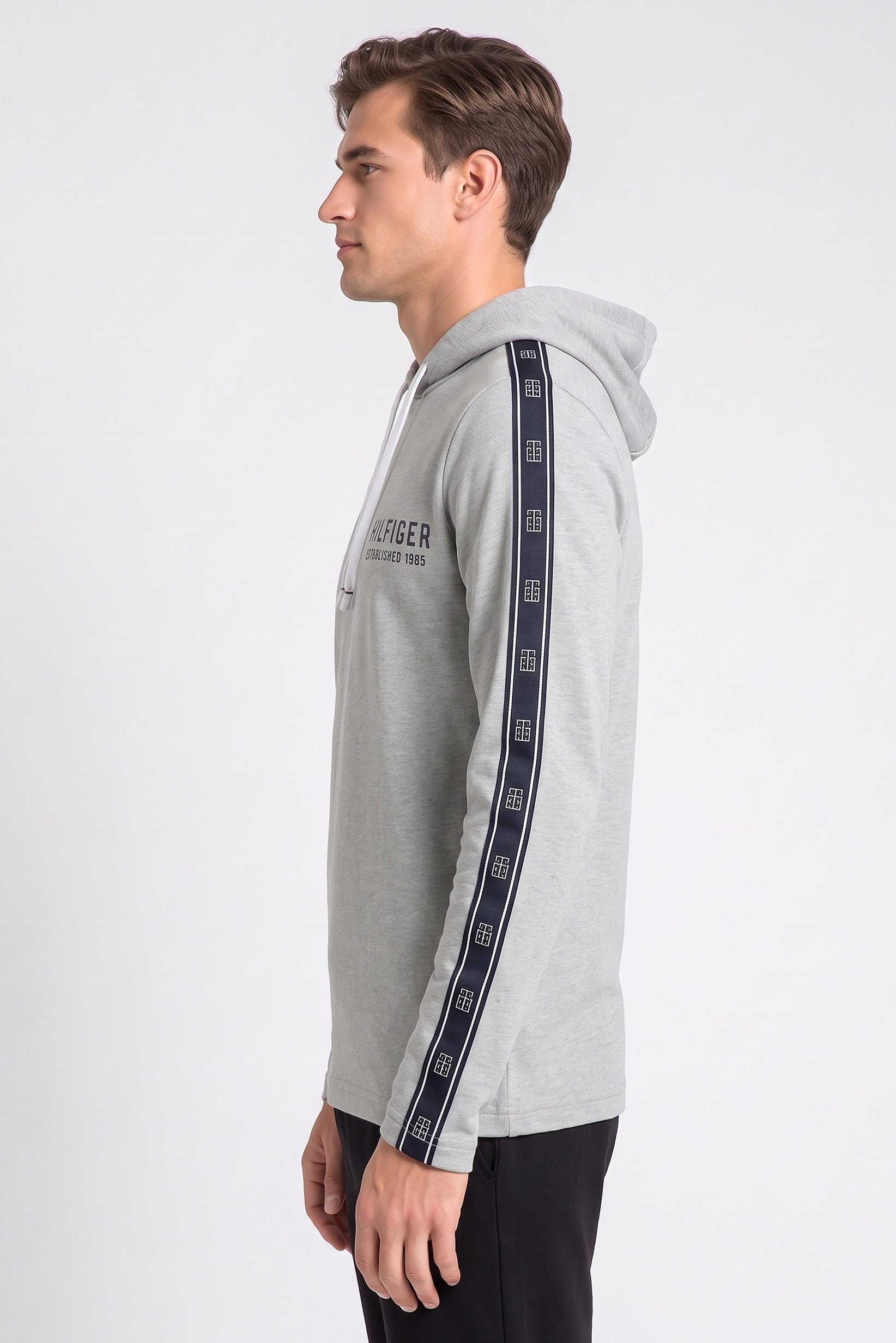 Men Brand Logo Long Sleeve Hooded Sleepwear, Grey