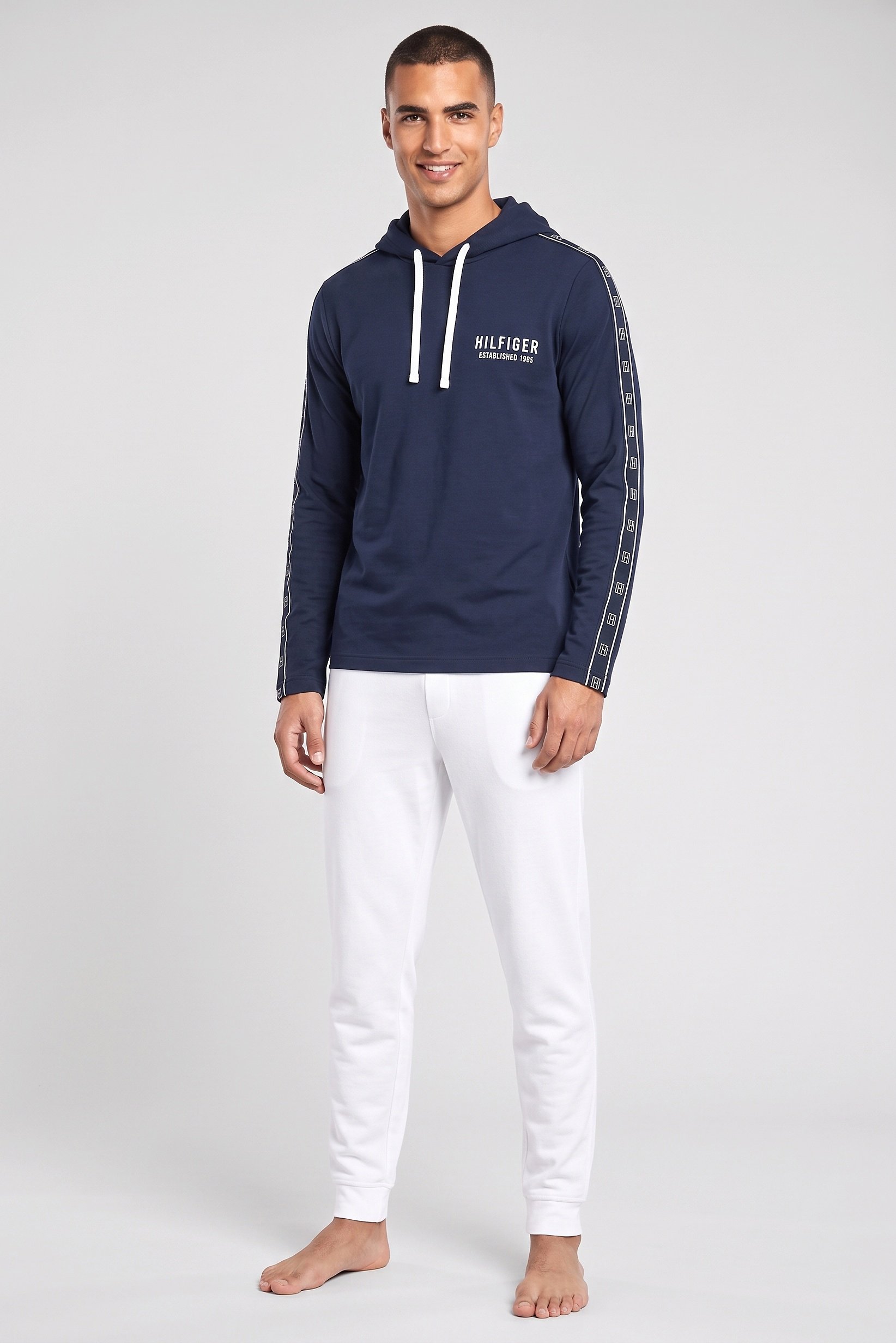 Men Brand Logo Long Sleeve Hooded Sleepwear, Dark Navy