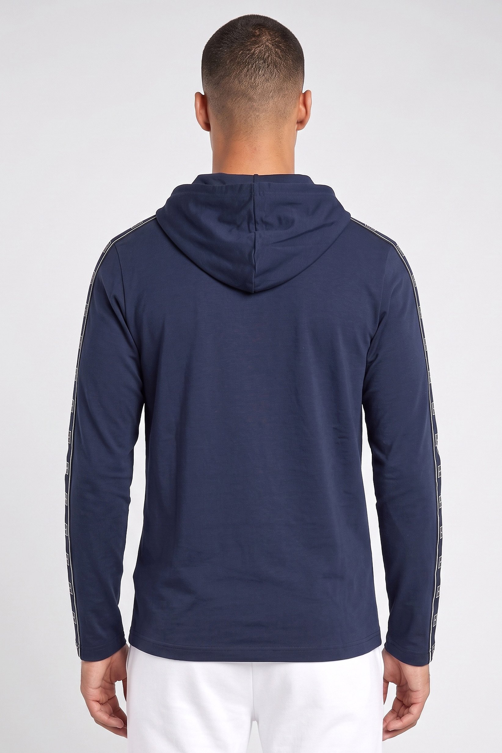 Men Brand Logo Long Sleeve Hooded Sleepwear, Dark Navy