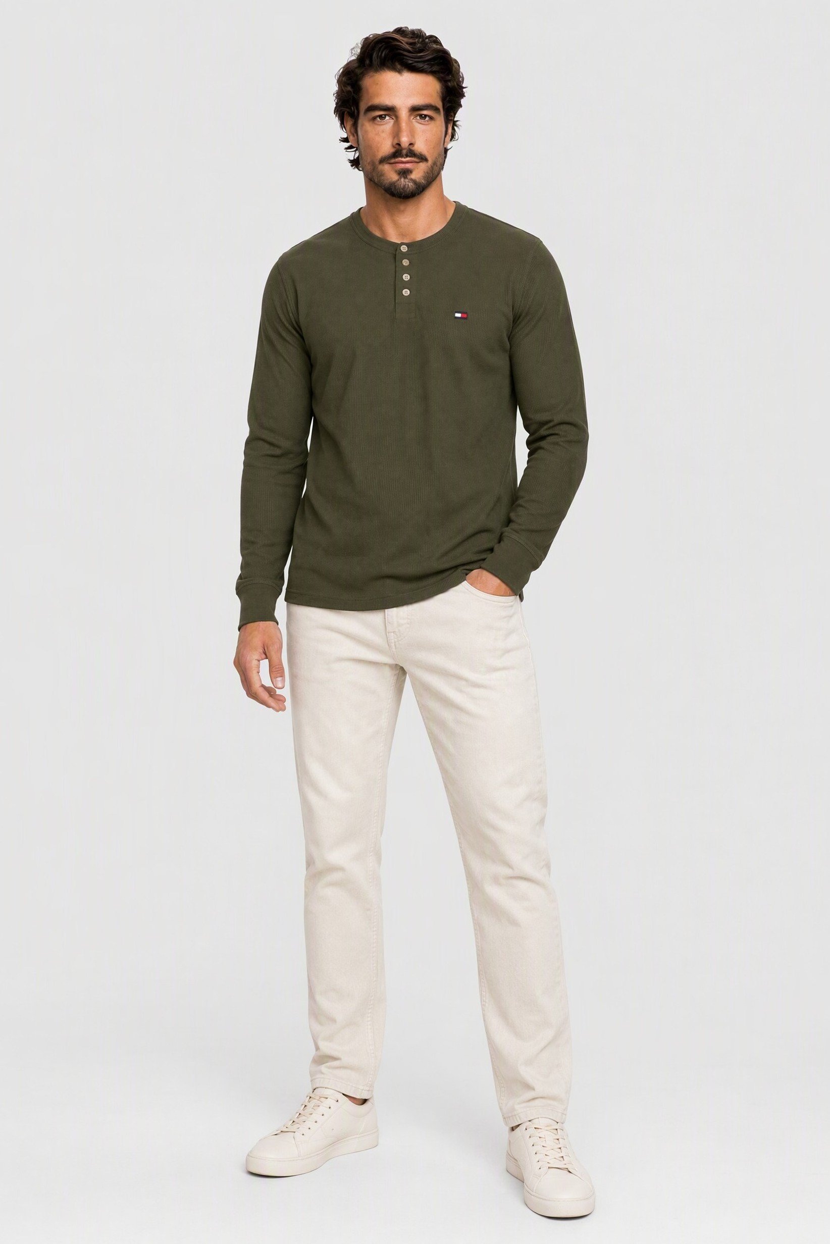 Men Crew Neck Long Sleeve Embroidered Logo T-Shirt, Olive