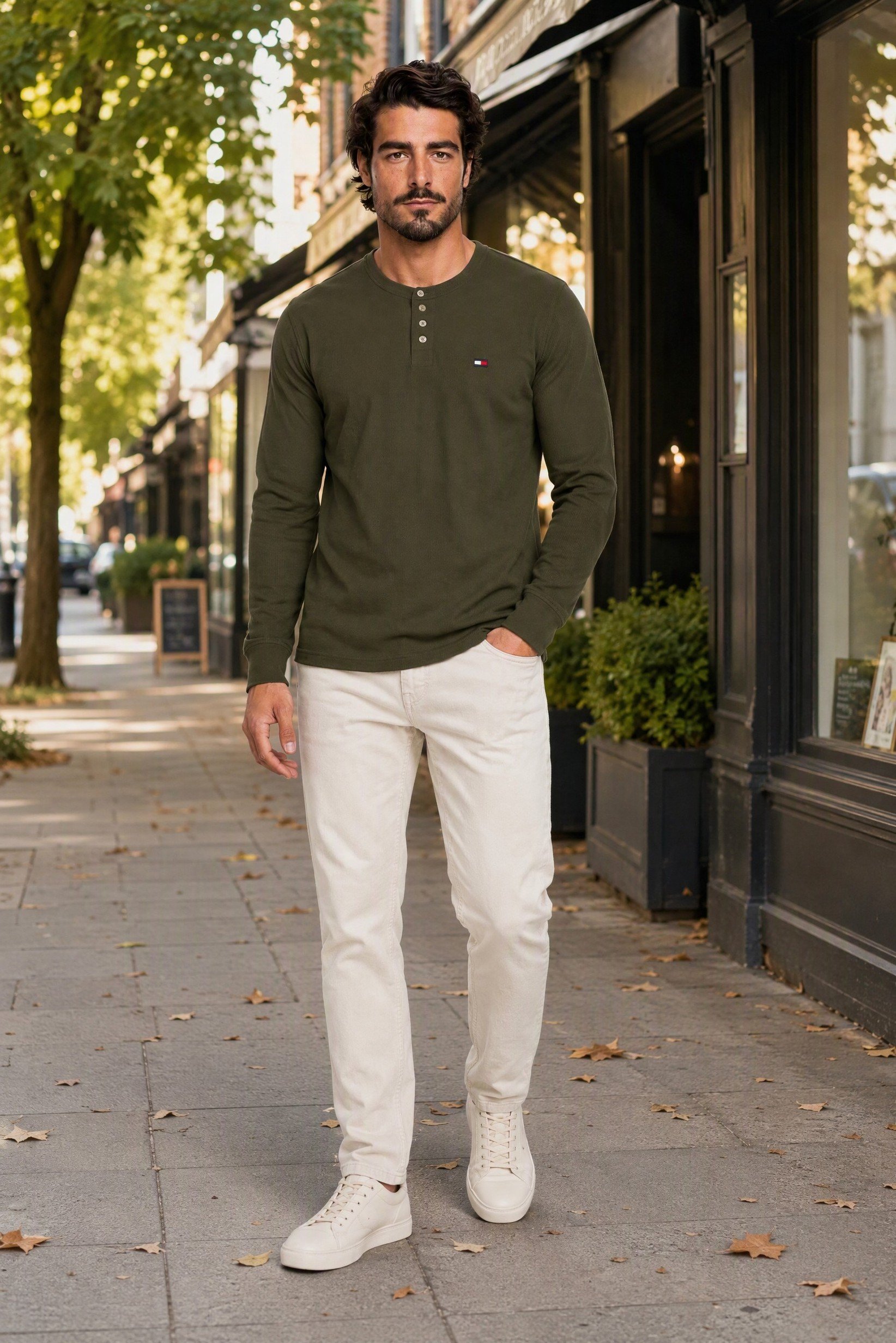 Men Crew Neck Long Sleeve Embroidered Logo T-Shirt, Olive