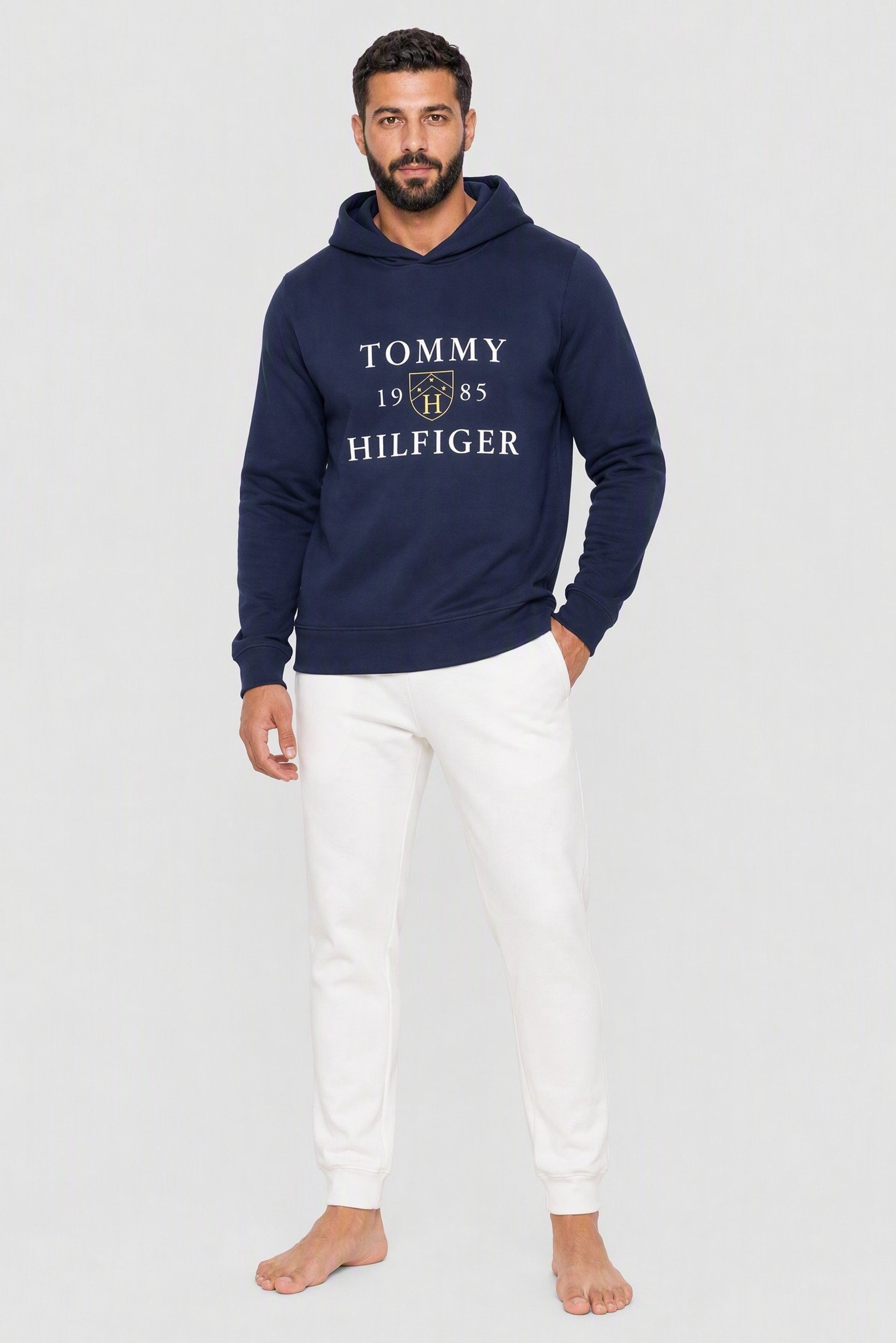 Men Graphic Print Long Sleeve Hooded Sleepwear, Navy