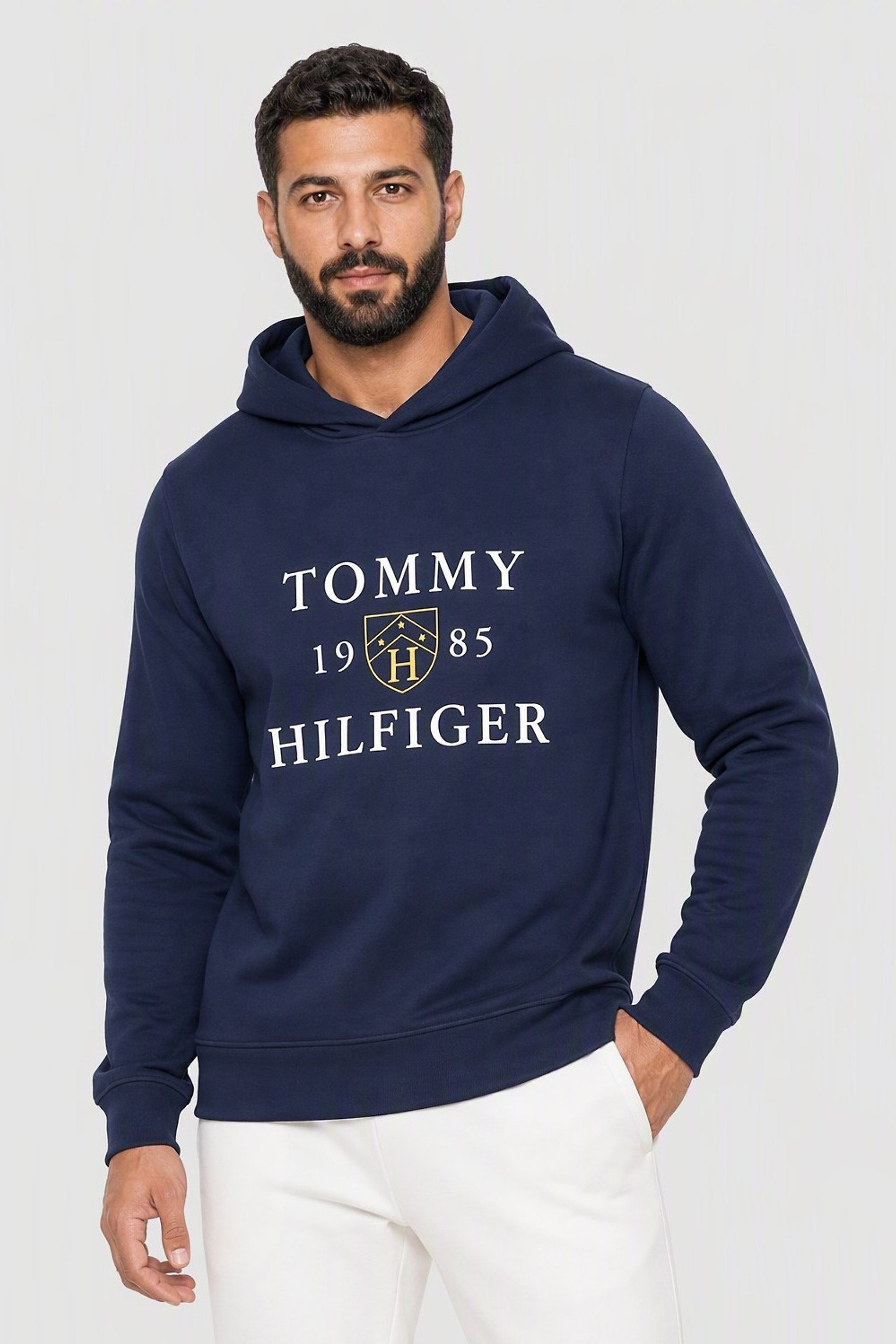 Men Graphic Print Long Sleeve Hooded Sleepwear, Navy