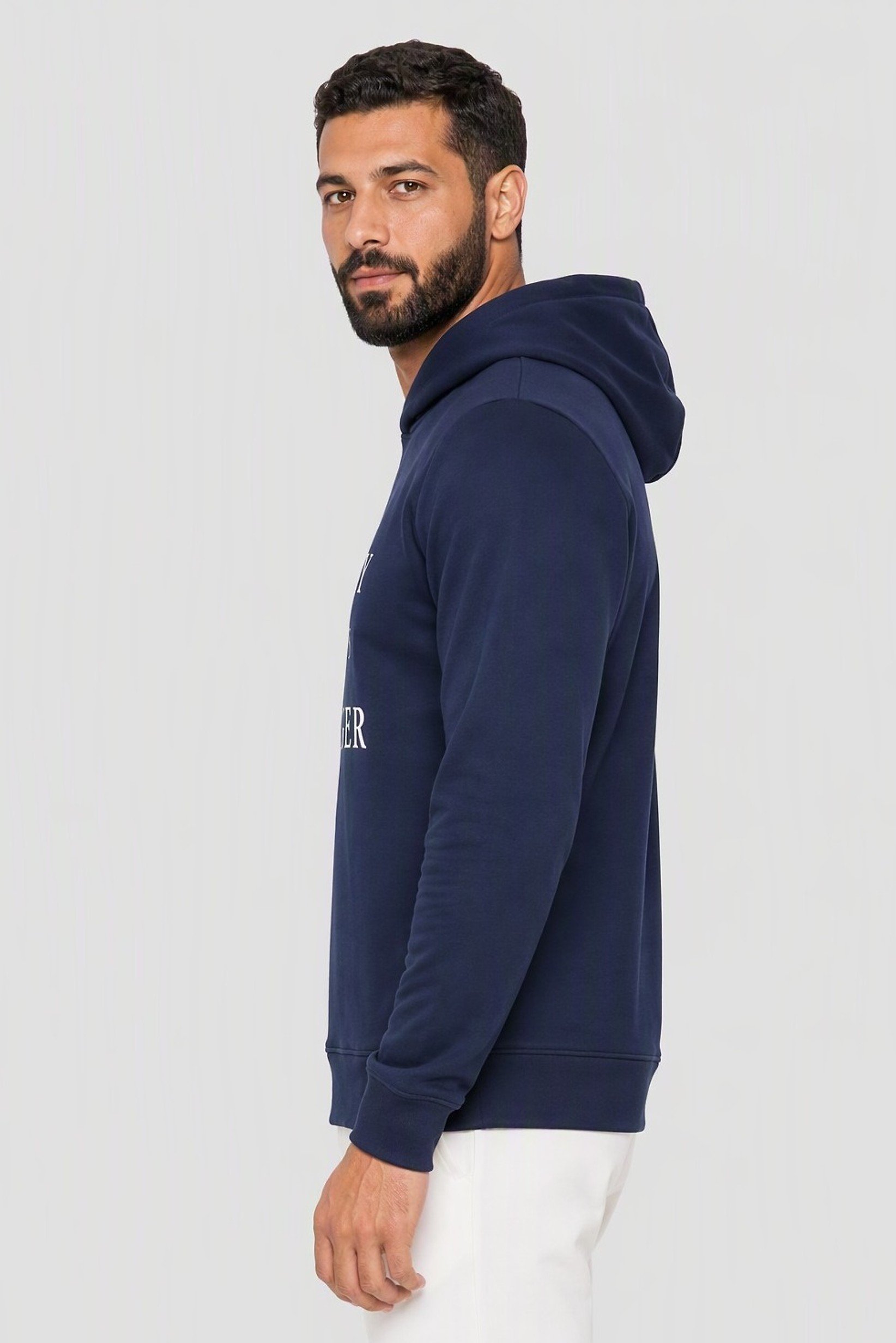 Men Graphic Print Long Sleeve Hooded Sleepwear, Navy