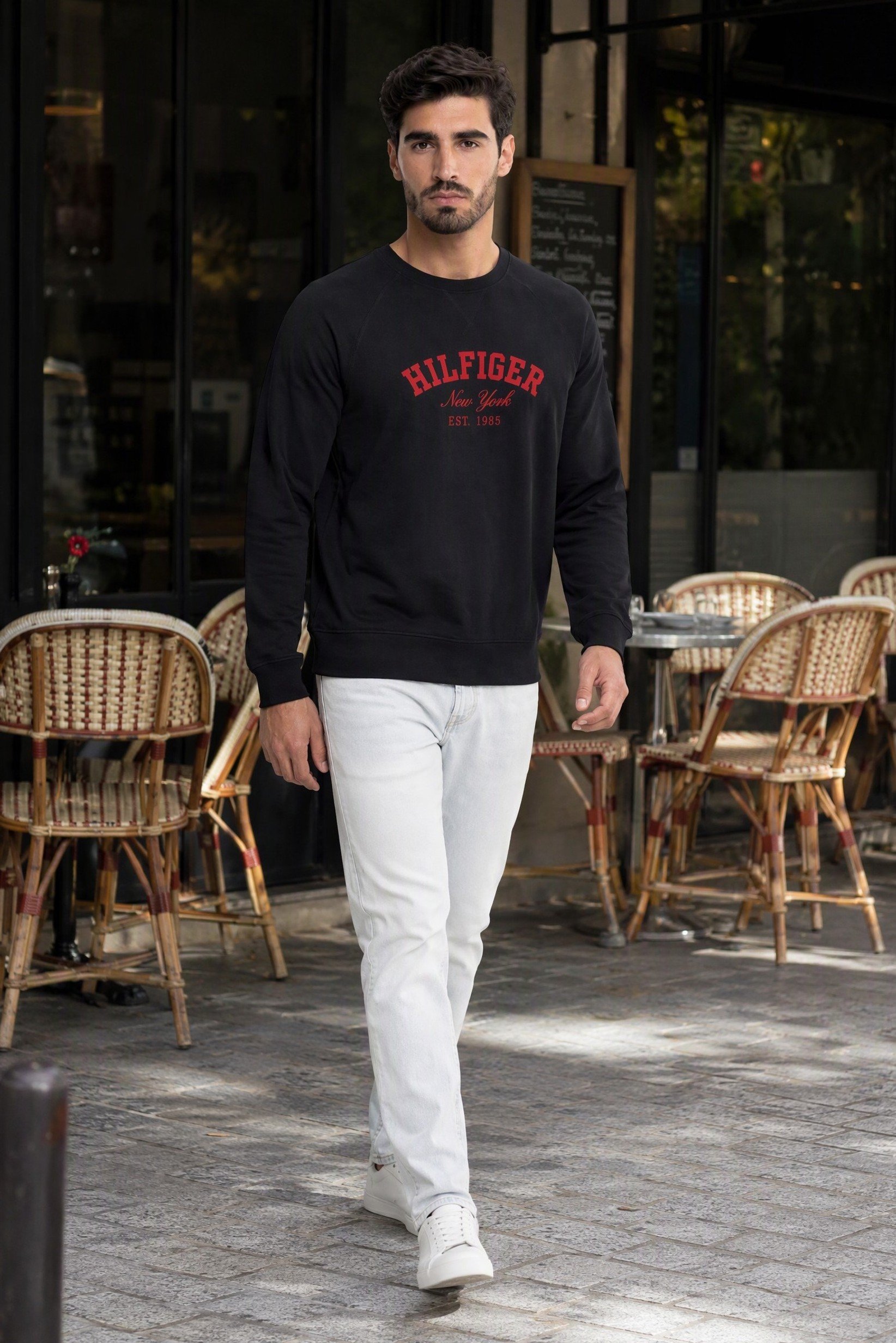 Men Crew Neck Brand Logo Long Sleeve Sweatshirt, Navy
