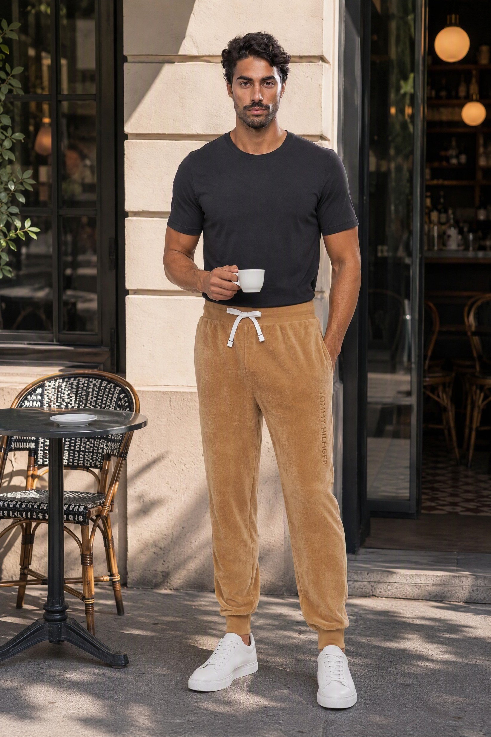 Men Regular Fit Embroidered Logo Jogger Pants, Tan