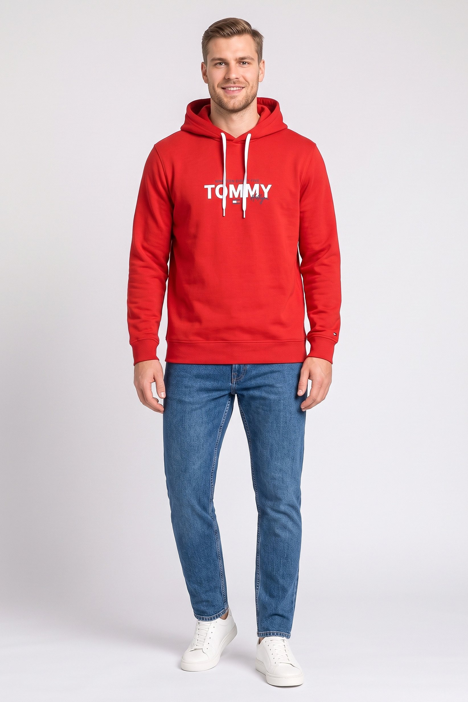 Men Brand Logo Long Sleeve Hoodie, Red
