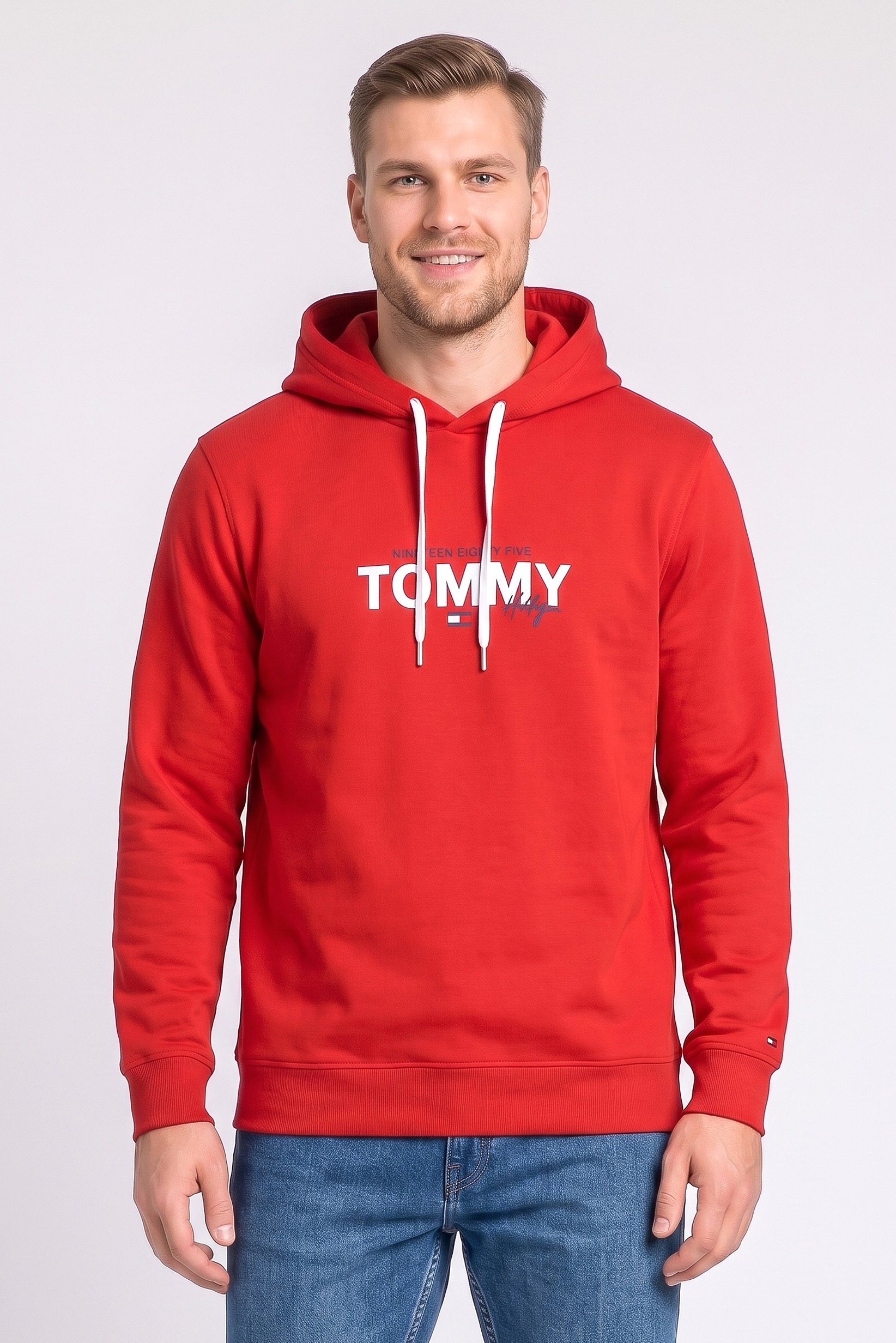 Men Brand Logo Long Sleeve Hoodie, Red