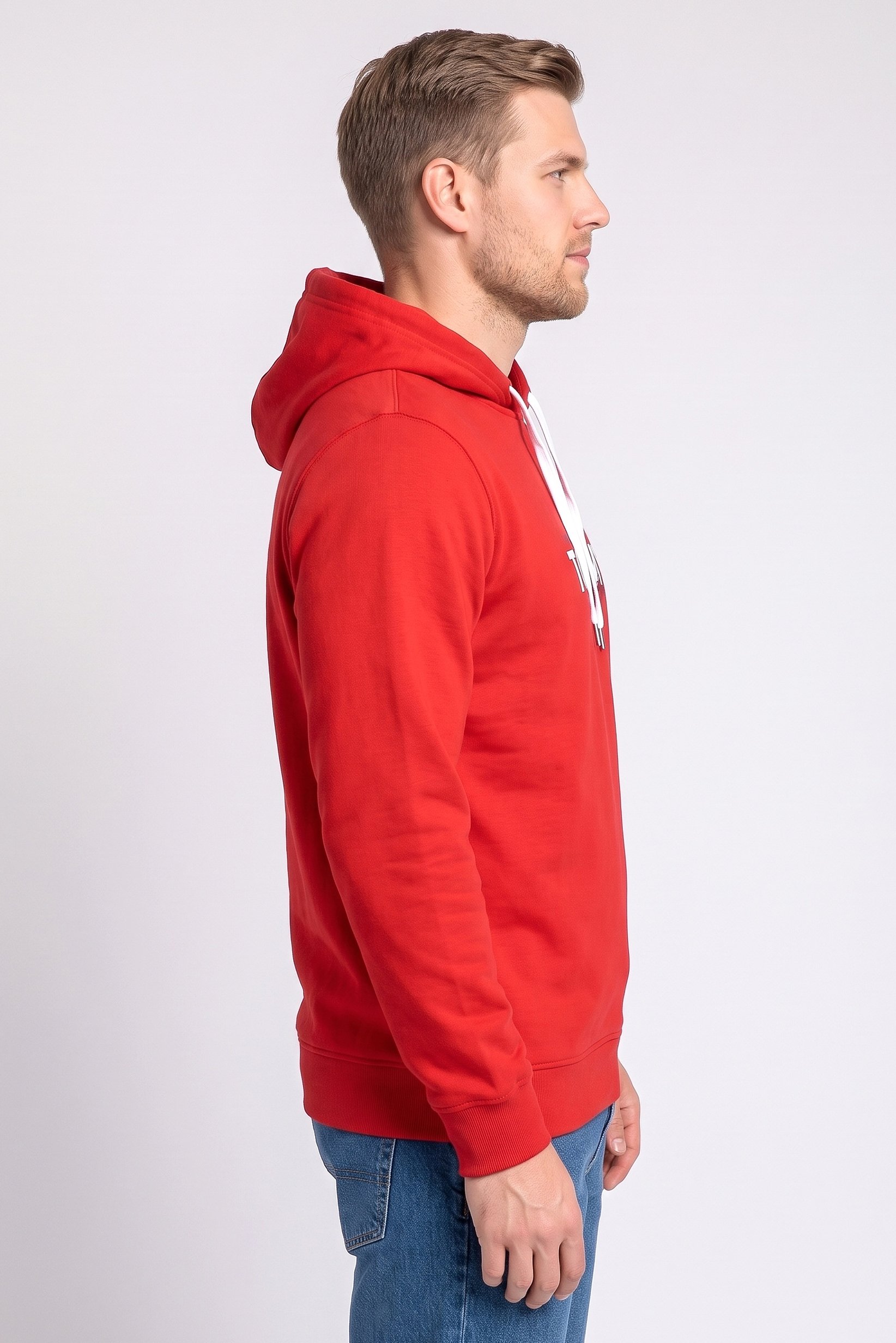 Men Brand Logo Long Sleeve Hoodie, Red