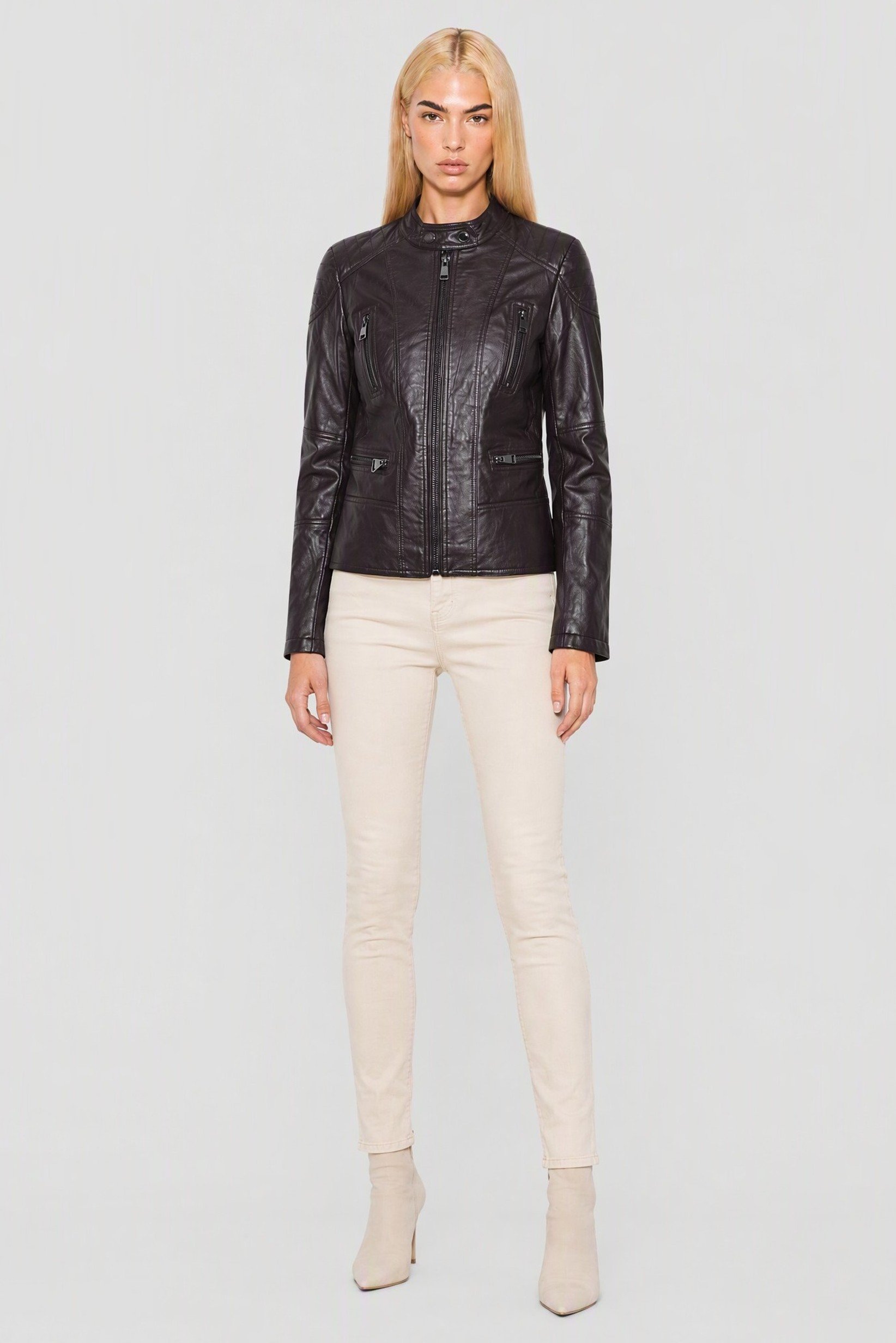 Women Solid Motorcycle Jacket, Chocolate Brown