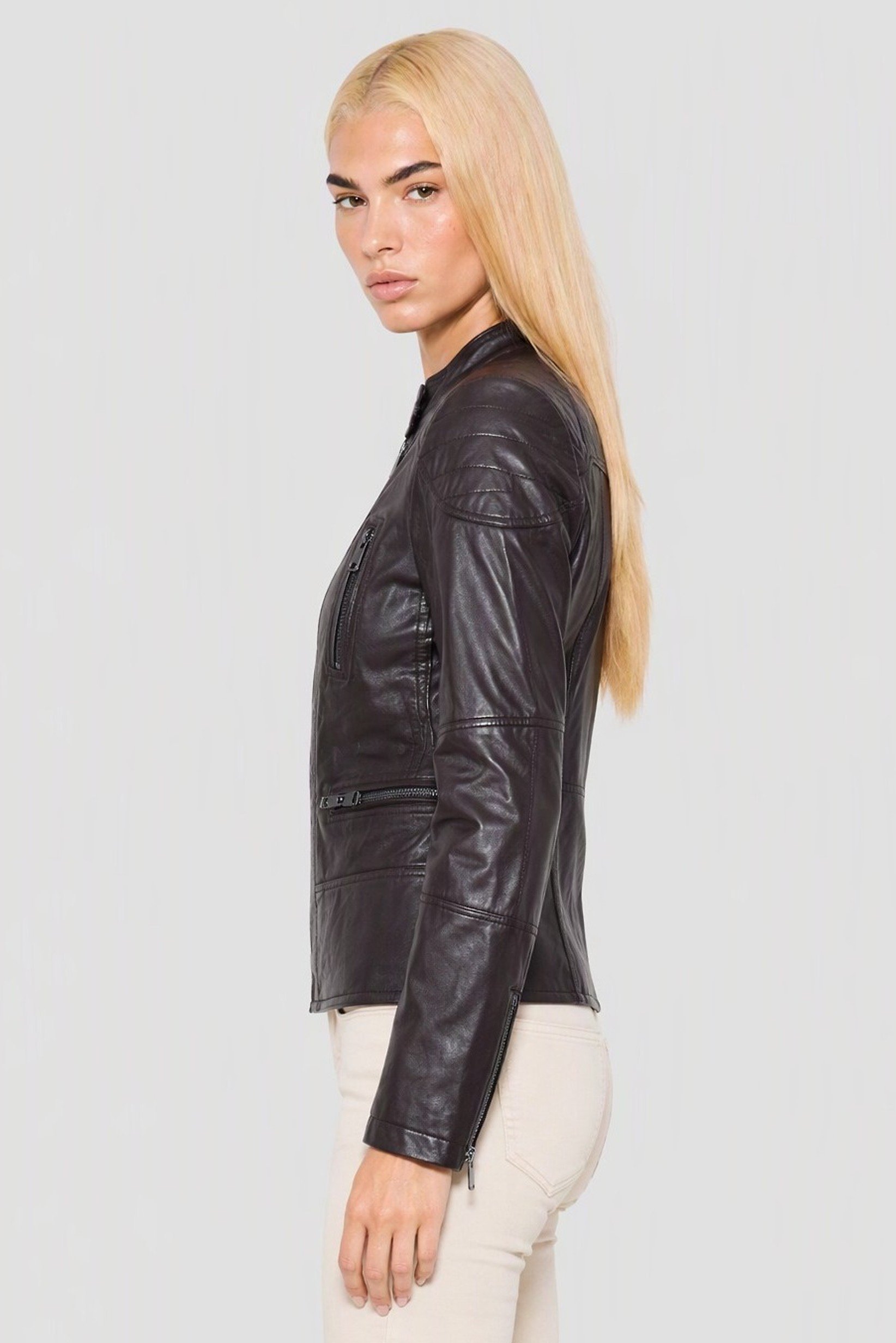 Women Solid Motorcycle Jacket, Chocolate Brown