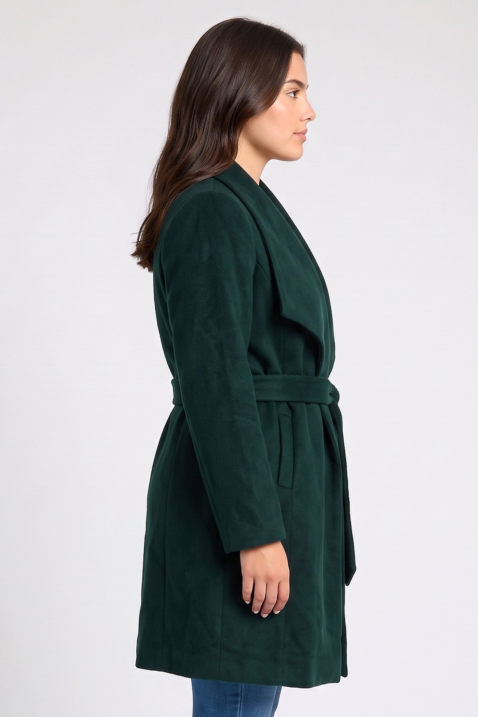 Women Textured Belted Trench Coat, Dark Green