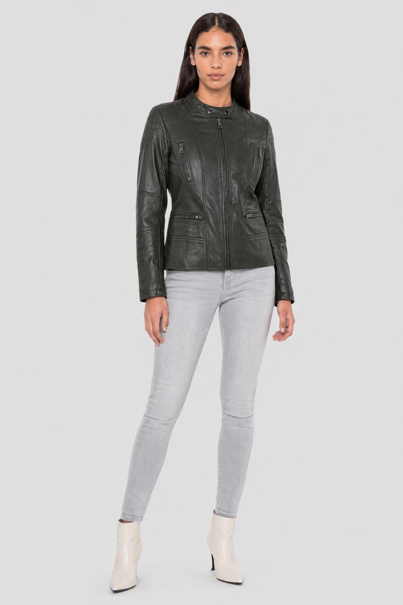 Women Plain Motorcycle Jacket, Dark Green
