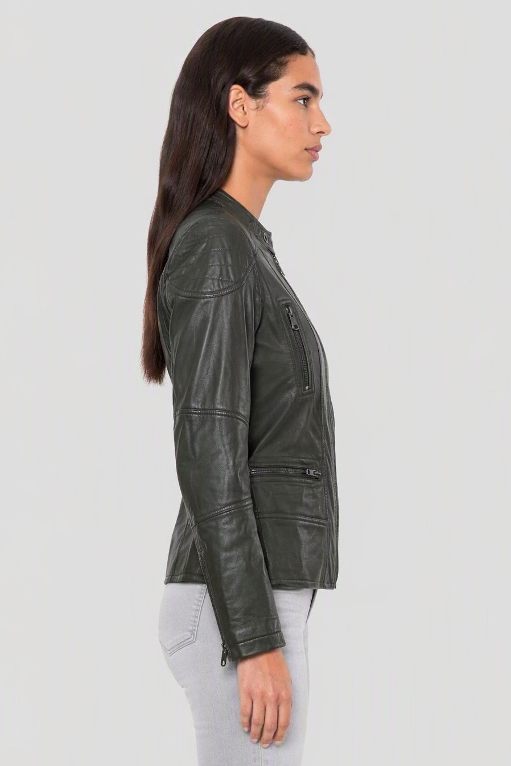 Women Plain Motorcycle Jacket, Dark Green