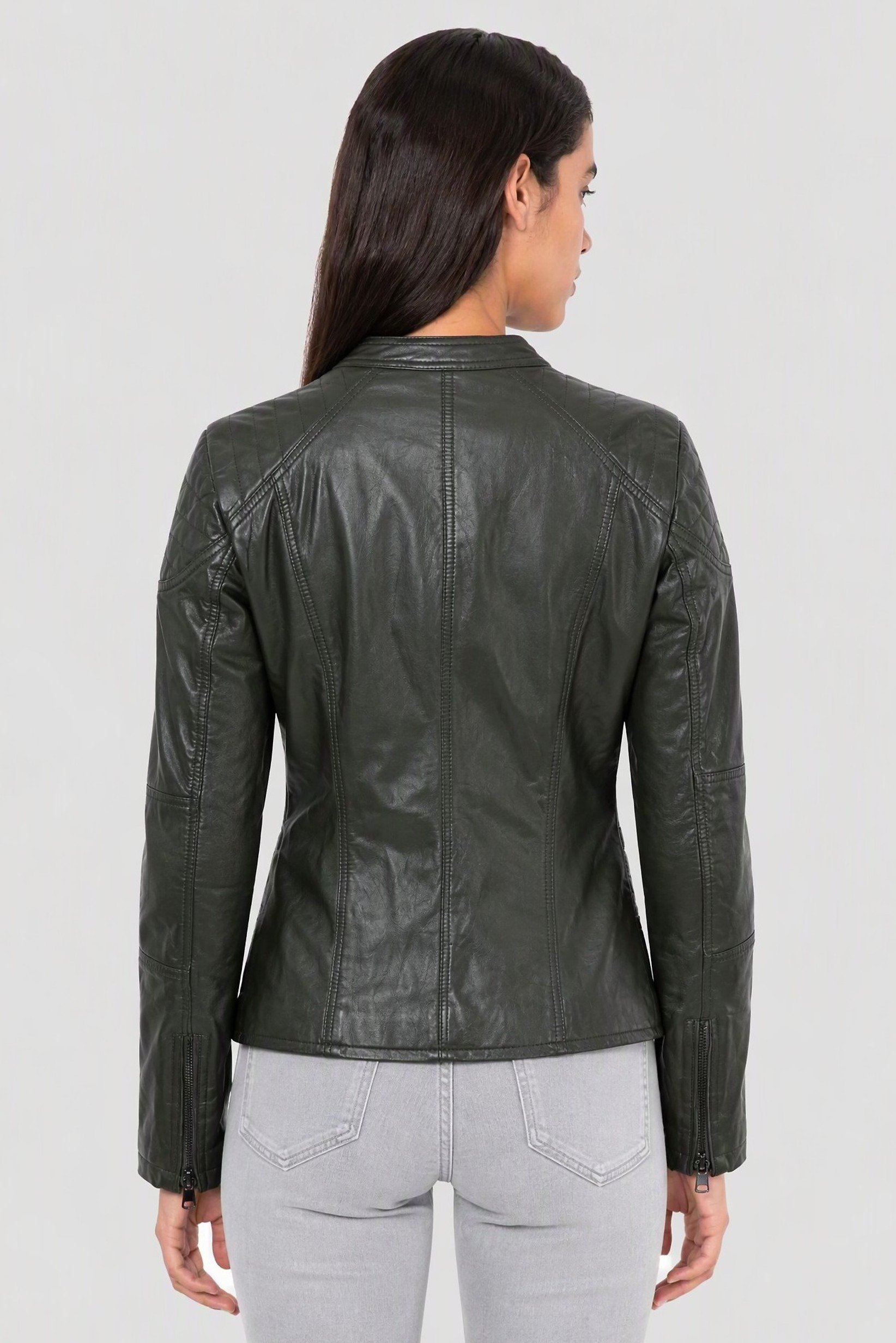 Women Plain Motorcycle Jacket, Dark Green