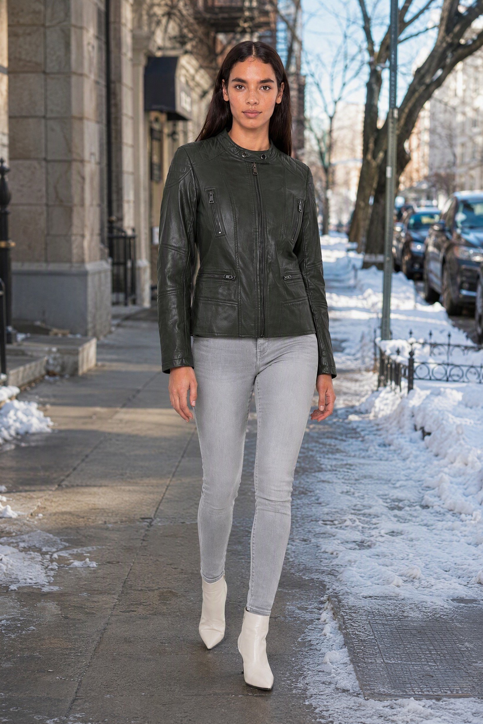 Women Plain Motorcycle Jacket, Dark Green