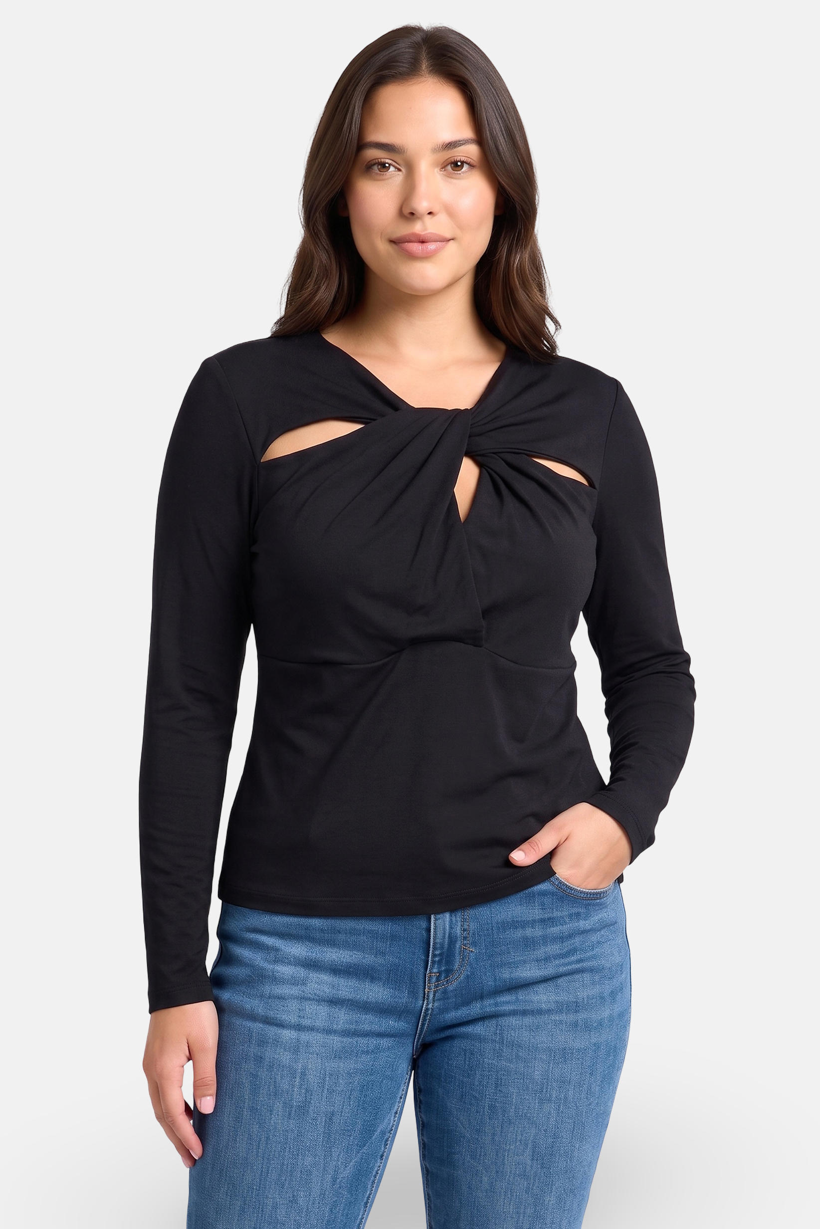 Women Twist Neck Long Sleeve Solid Top, Black
