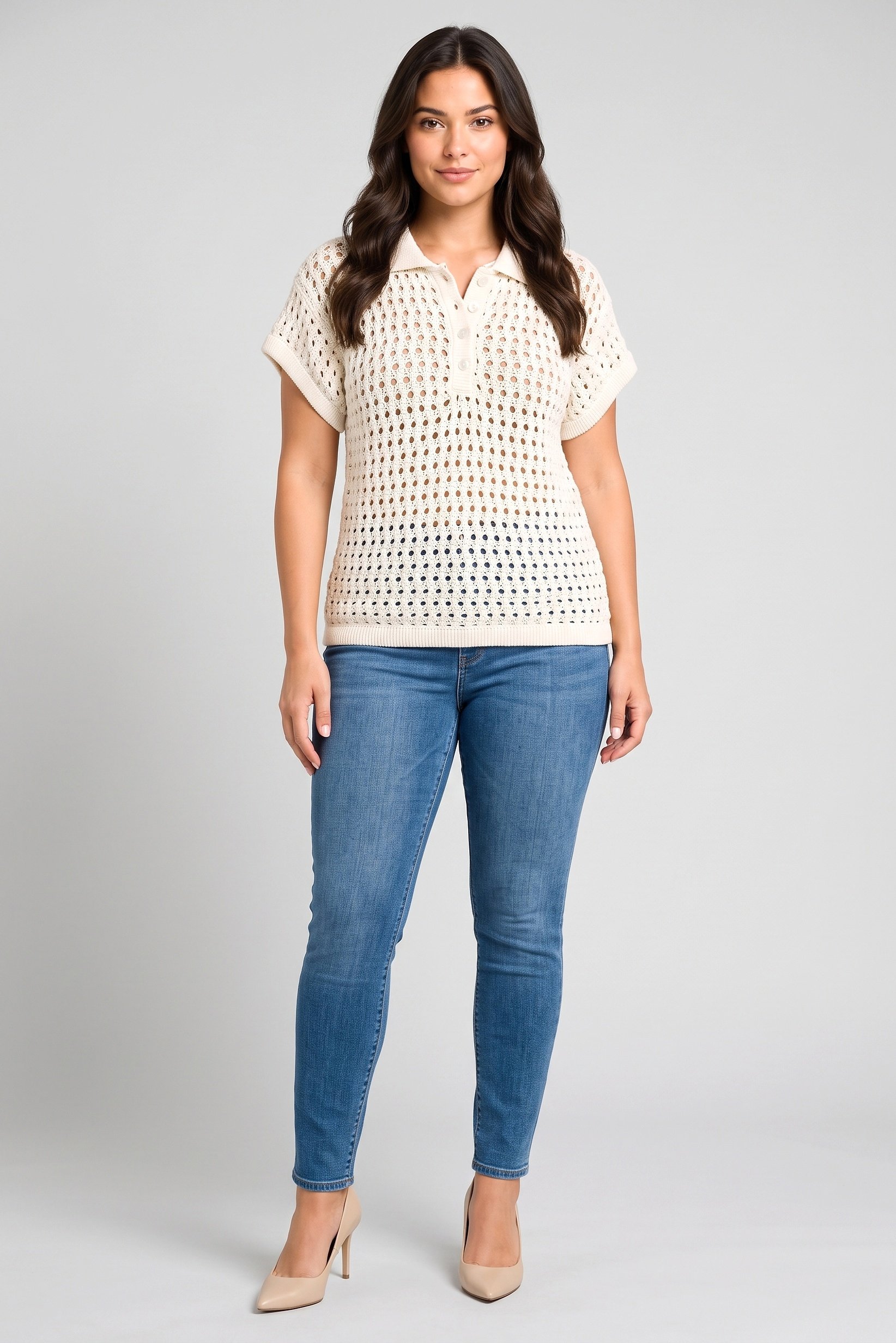 Women Spread Collar Short Sleeve Crochet Polo Shirt, Cream