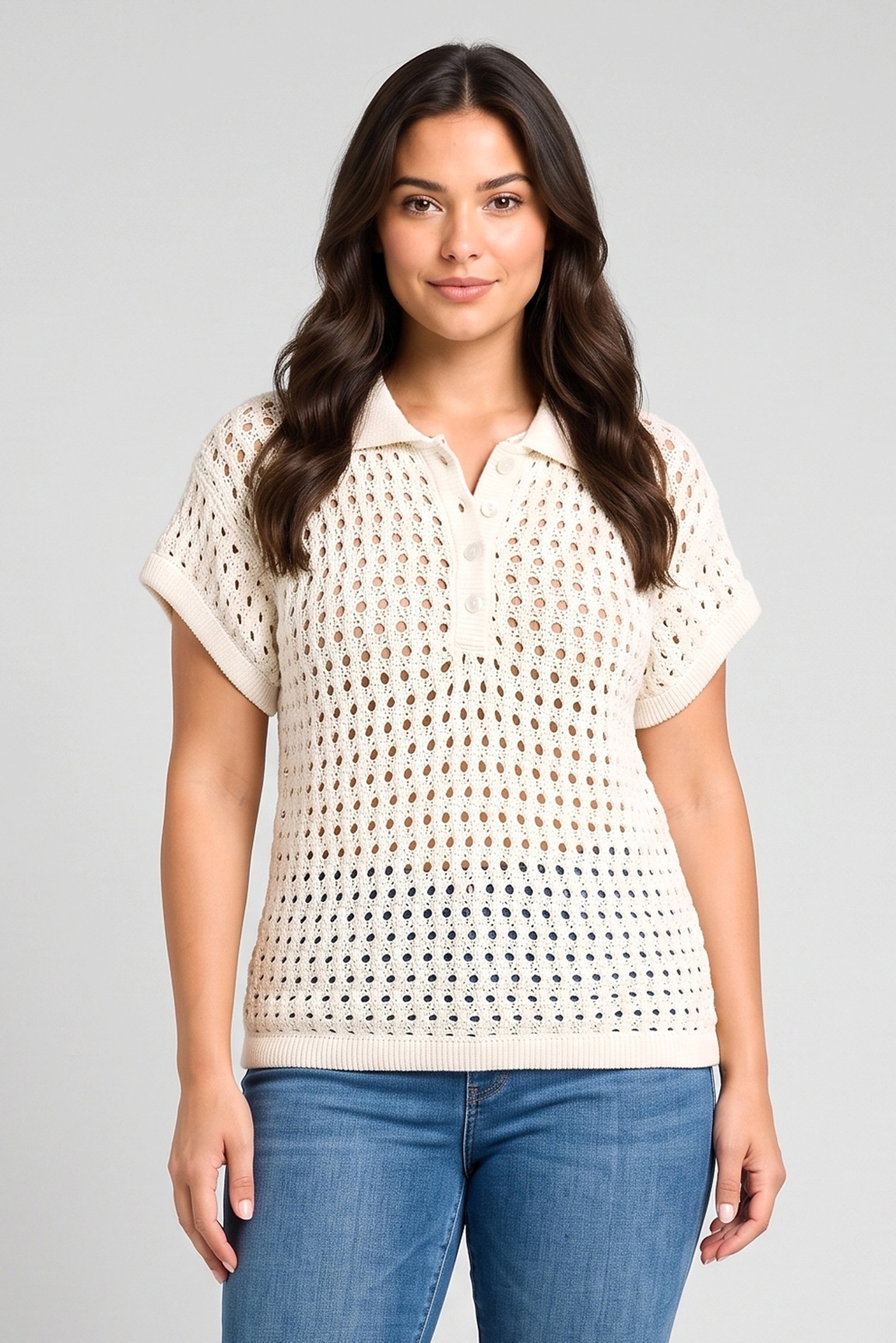 Women Spread Collar Short Sleeve Crochet Polo Shirt, Cream