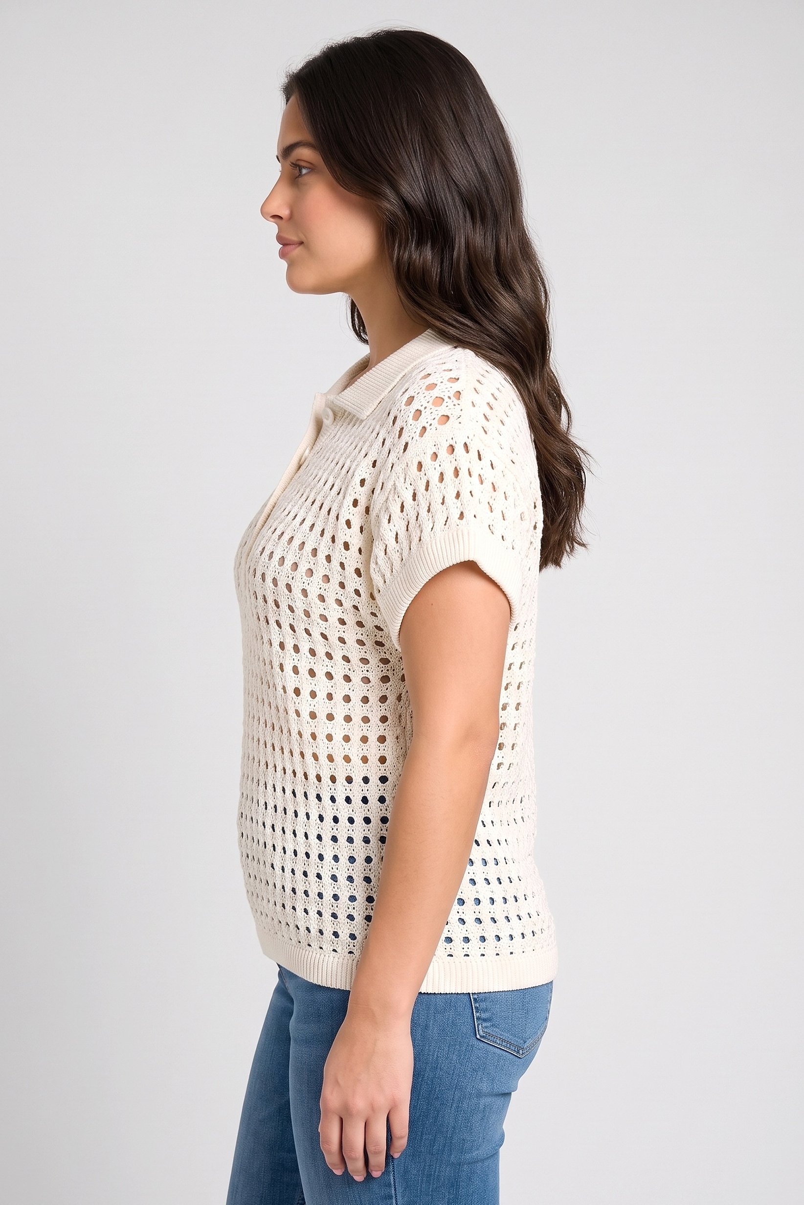 Women Spread Collar Short Sleeve Crochet Polo Shirt, Cream